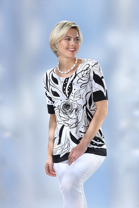 YXL COLLECTION Kadın Büyük Beden Likralı Siyah Beyaz Çiçek Desenli Kısa Kollu...