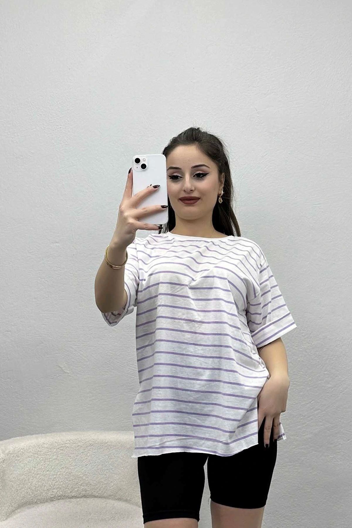 OurStyles Çizgili Yan Yırtmaçlı Tişört Camelbeyaz - 50041.1567.