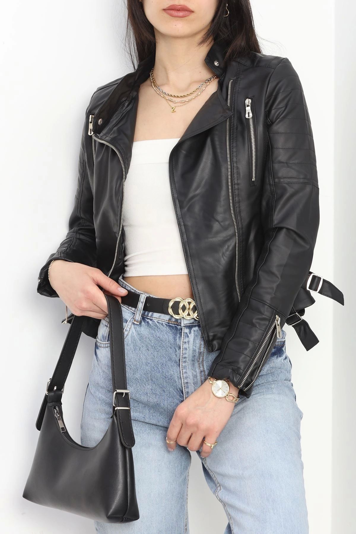 OurStyles Kolları Fermuar Detaylı Deri Ceket Siyah - 1020.146.