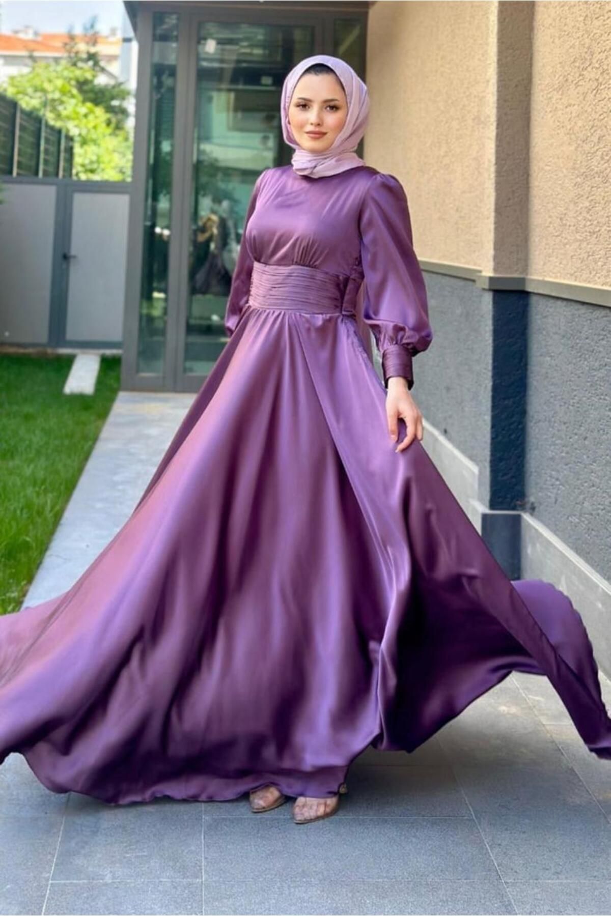 Şulemoda Giyim Beli Pilise Detaylı Maxi Tesettür Abiye Mor