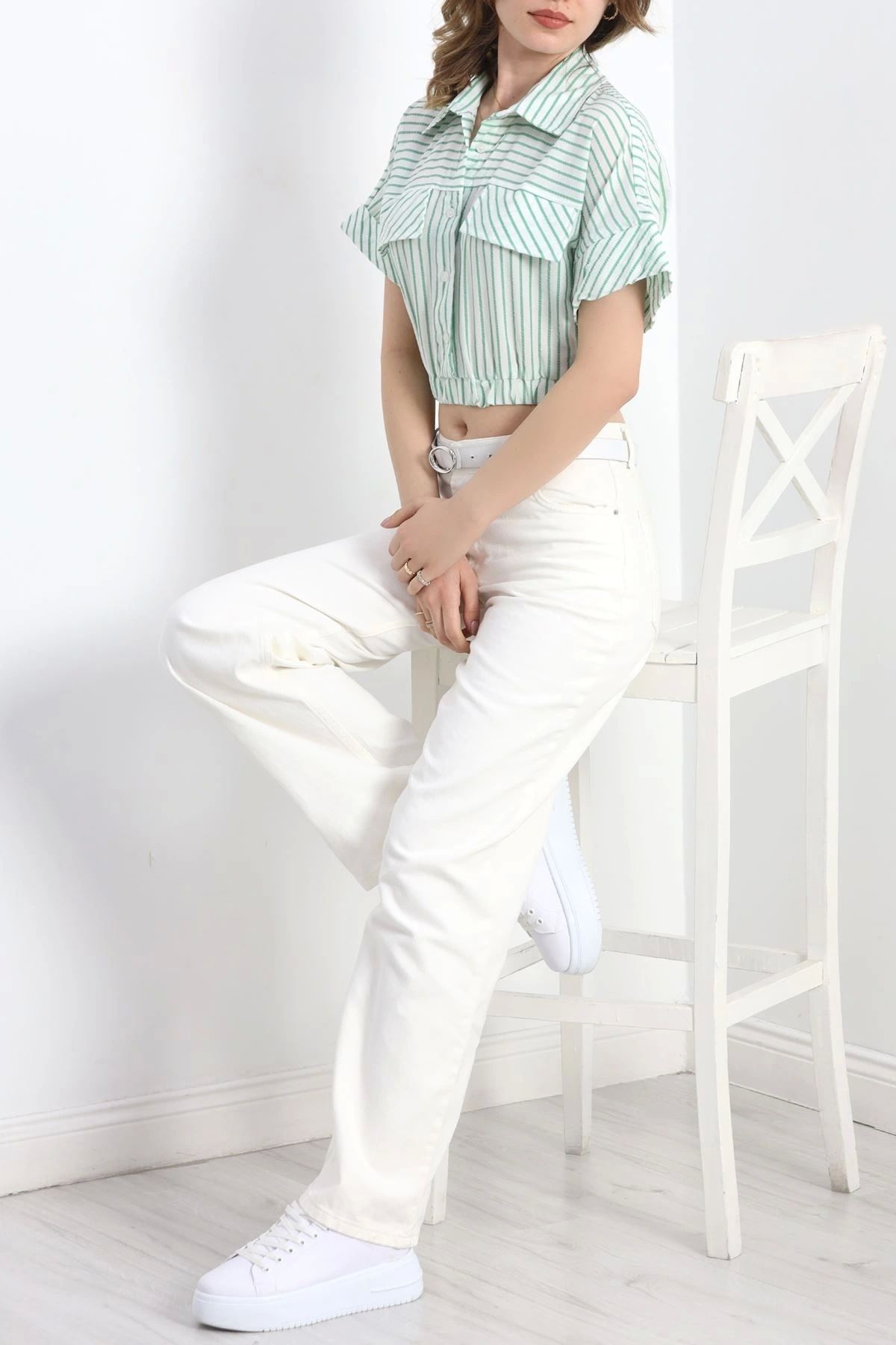 OurStyles Bel Lastikli Çizgili Crop Gömlek Turuncu - 40176.1942.