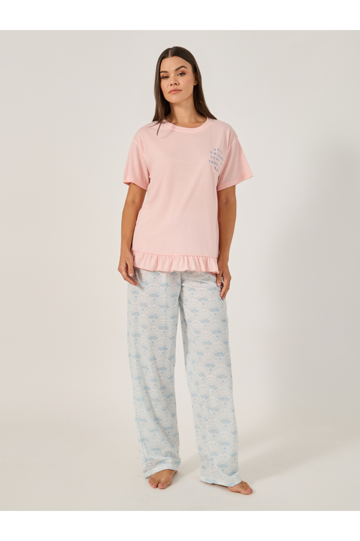 Styli Printed Pajama Set with Round Neck T-Shirt
