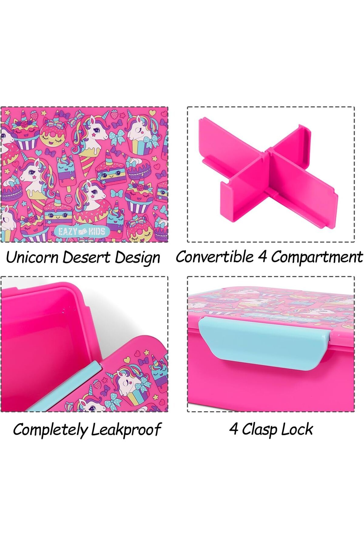 Generic-Eazy Kids 1/2/3/4 Compartment Convertible Bento Lunch Box Unicorn Desert - Pink 850ml 3