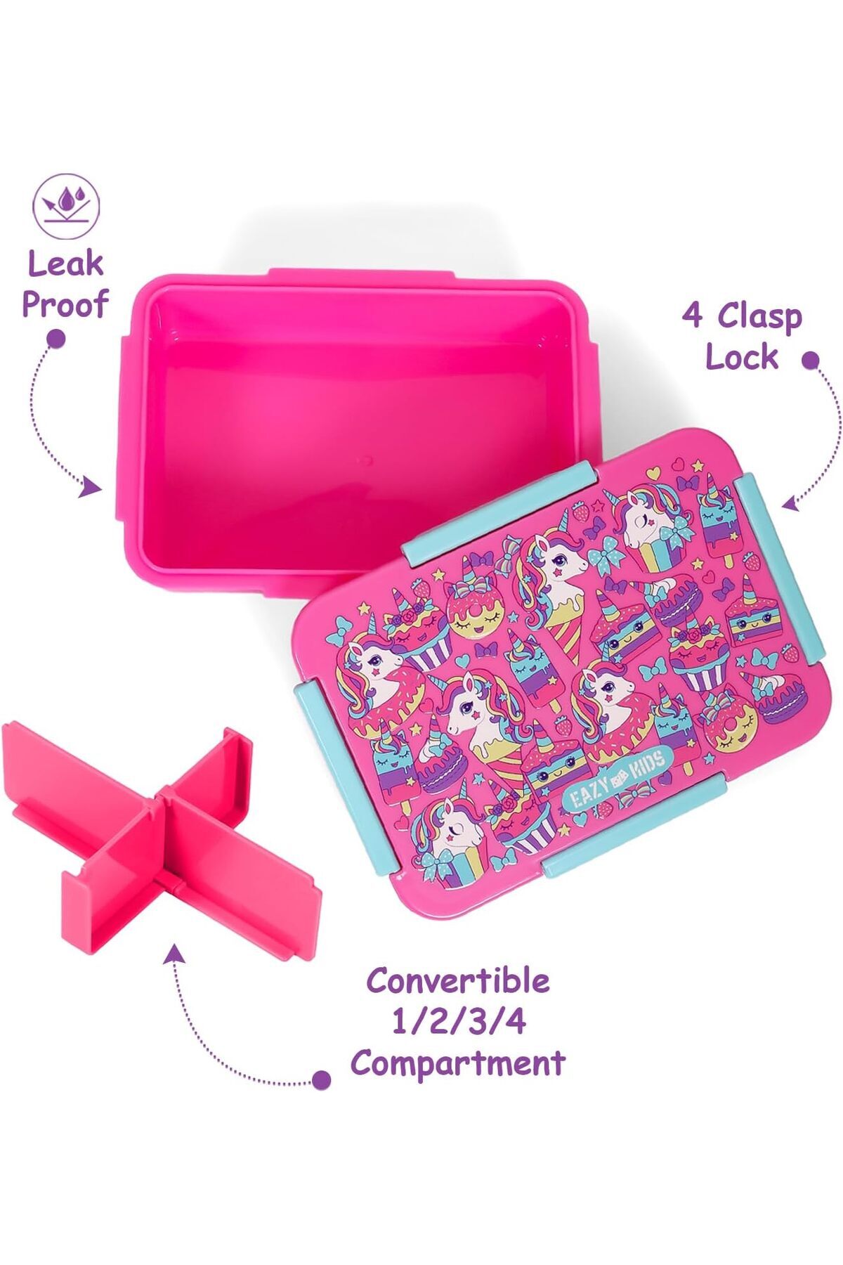 Generic-Eazy Kids 1/2/3/4 Compartment Convertible Bento Lunch Box Unicorn Desert - Pink 850ml 4