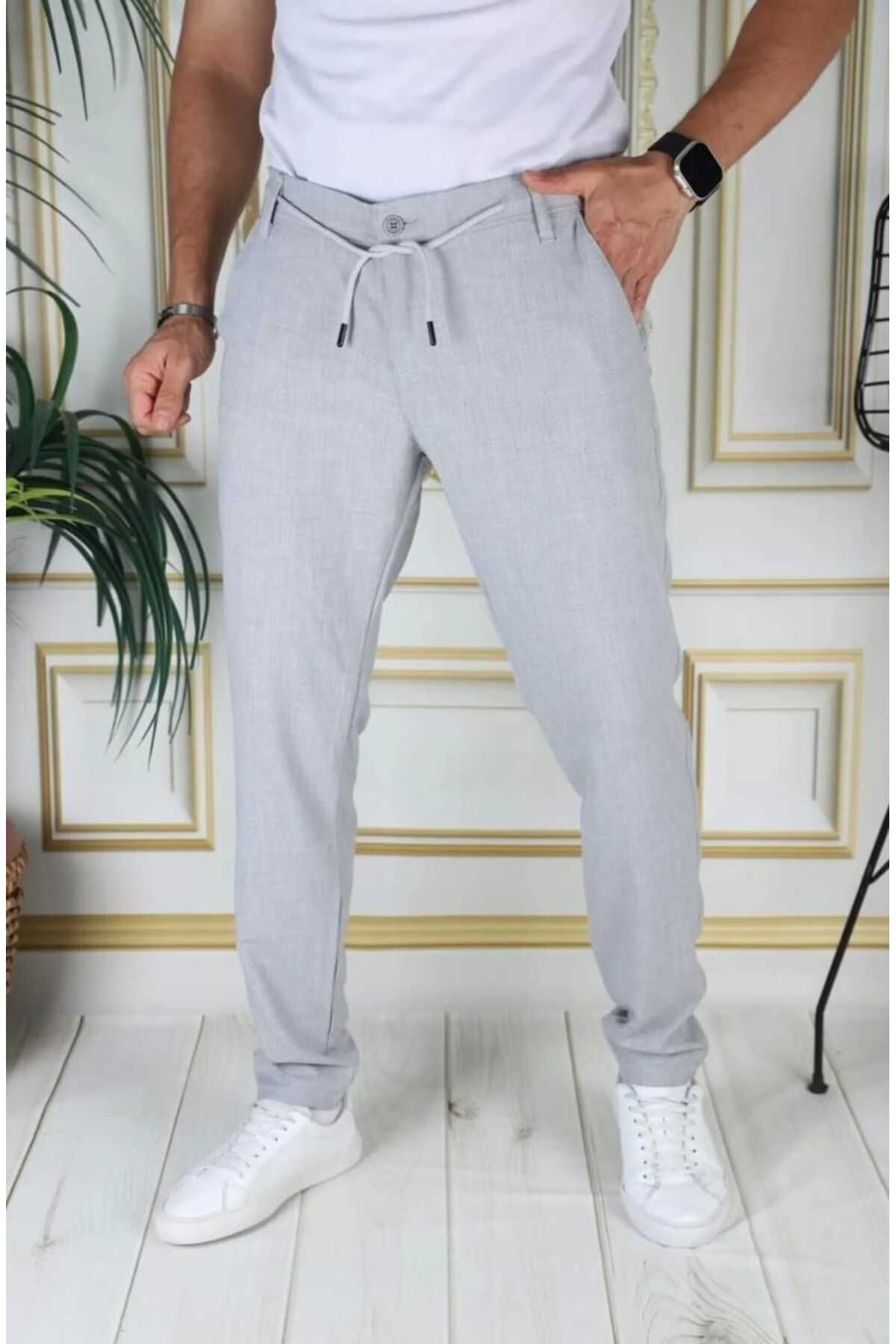 Denim Erkek gri Italyan Kesim Kaliteli Esnek Slim Fit Likralı Lastikli Ipli Şık Koton Kumaş Pantolon Okul