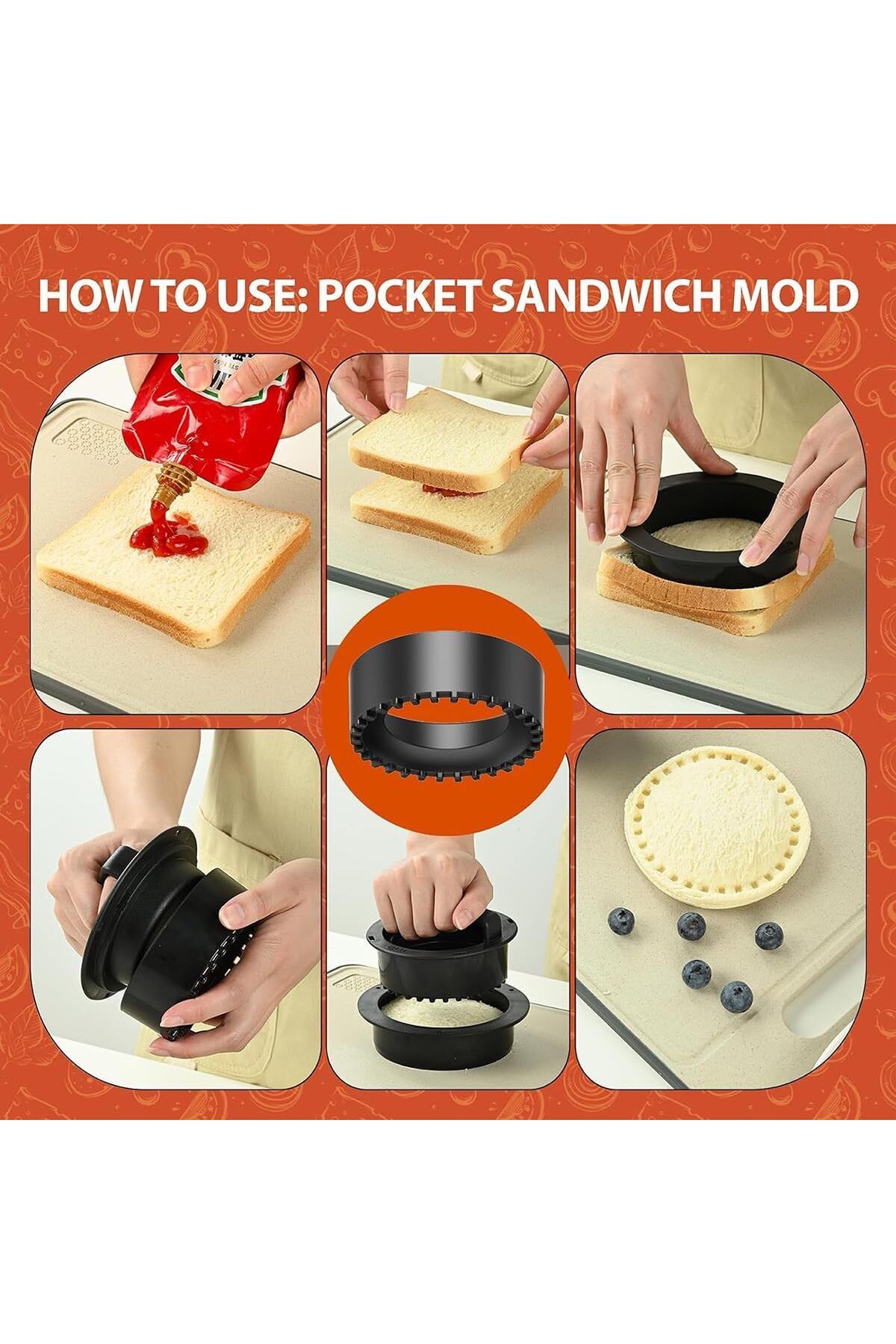 Generic-ALMEKAQUZ Hamburger Meat Press Set, 4-in-1 Sandwich Cutter, Bread Sealing Mold, Manual Circular Pat 3