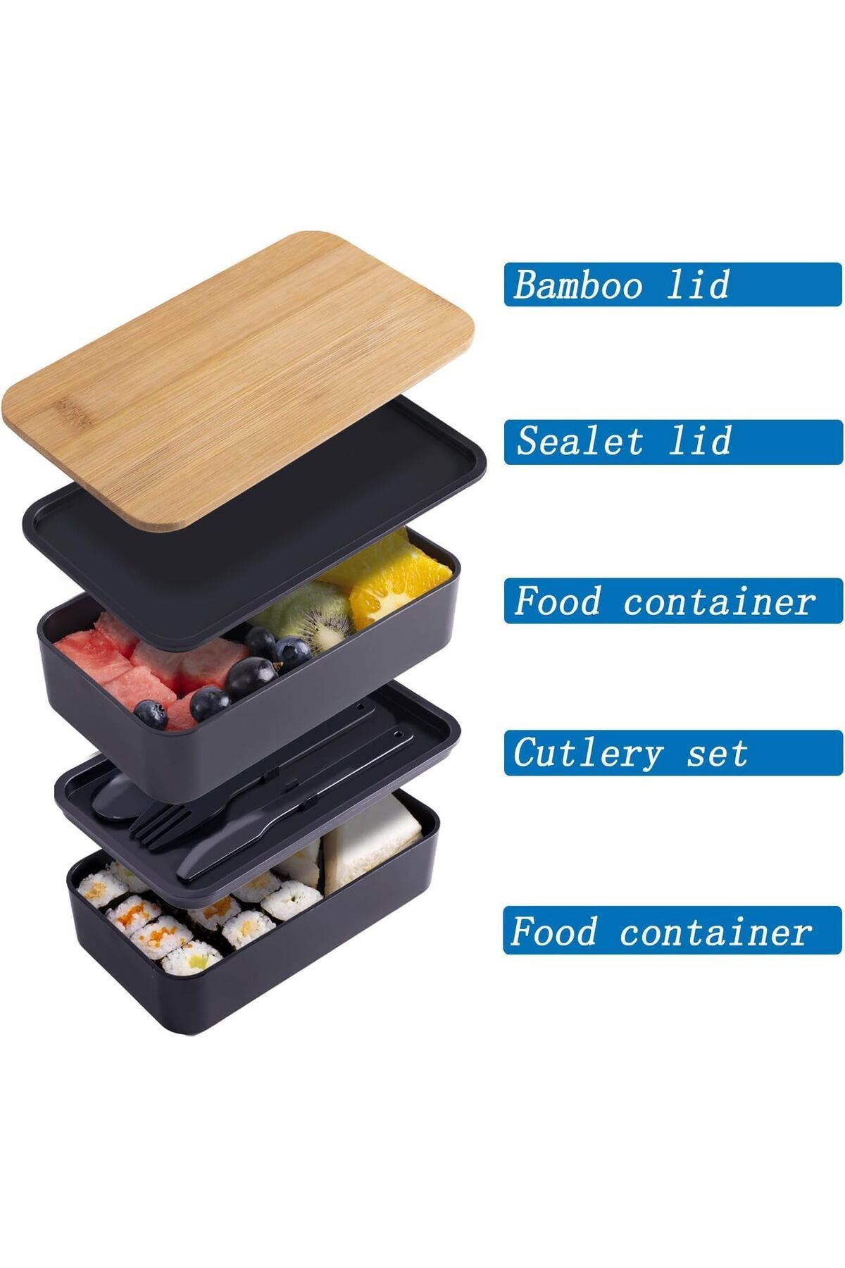 Generic-ALMEKAQUZ Japanese Bamboo Bento Box with Compartments and Utensils, Stackable Lunch Box Includes In 2