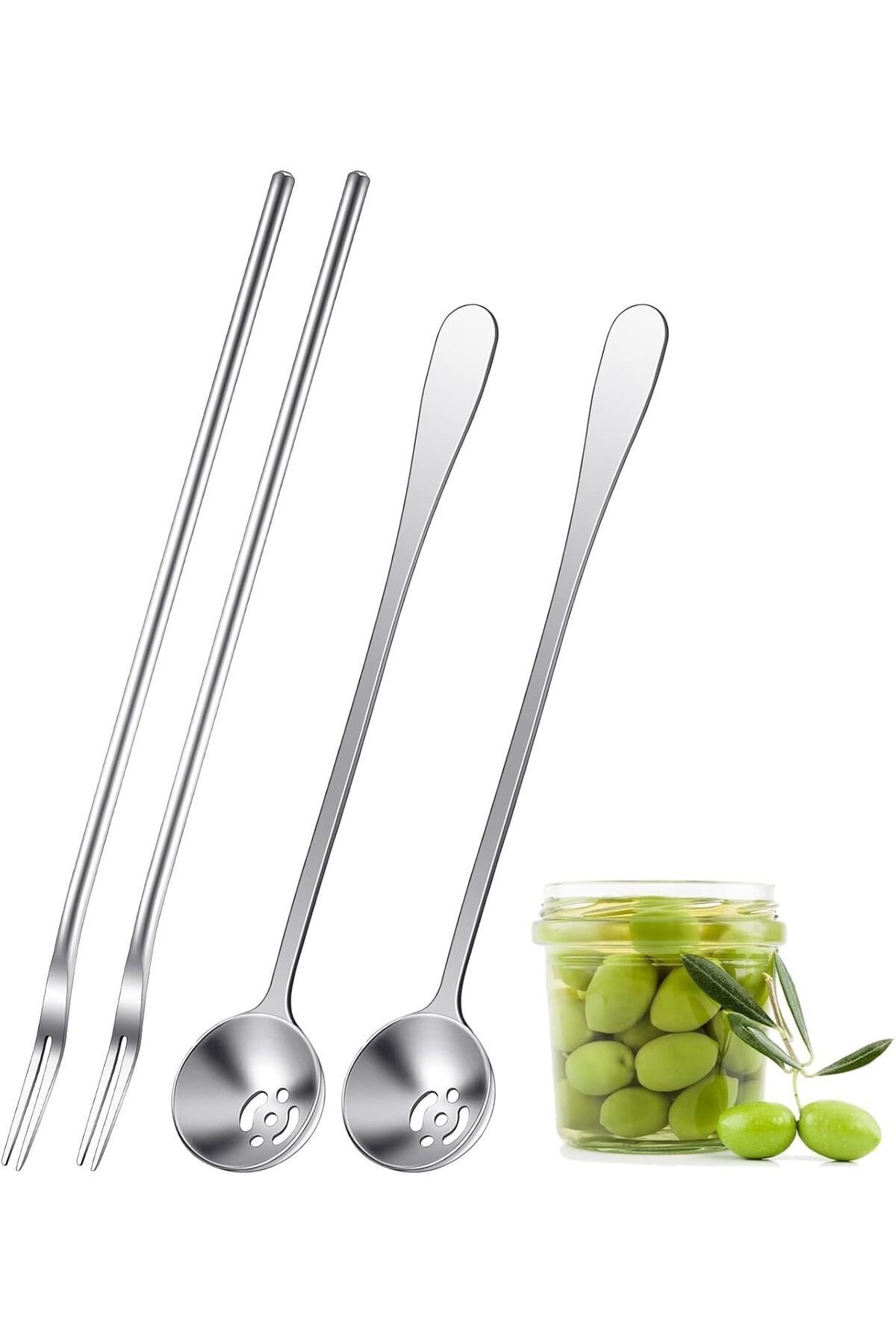 Generic-KASTWAVE 4 Pcs Pickle Fork and Olive Spoon Strainer, Stainless Steel Long Handle Pickle Fork and Ol 1