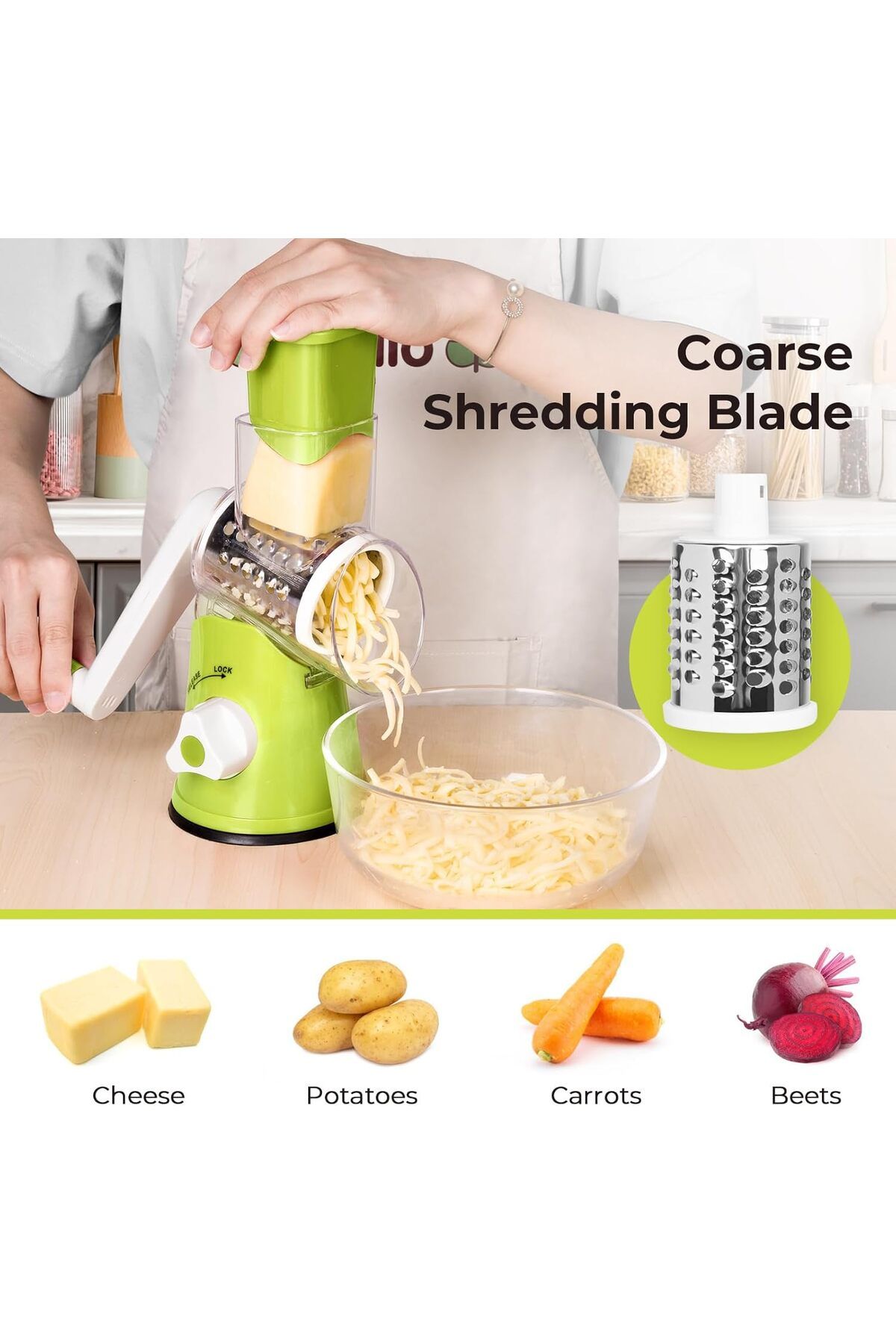 Generic-X Home Rotary Cheese Grater, Handheld Vegetables Slicer Cheese Shredder with Rubber Suction Base, 3 2