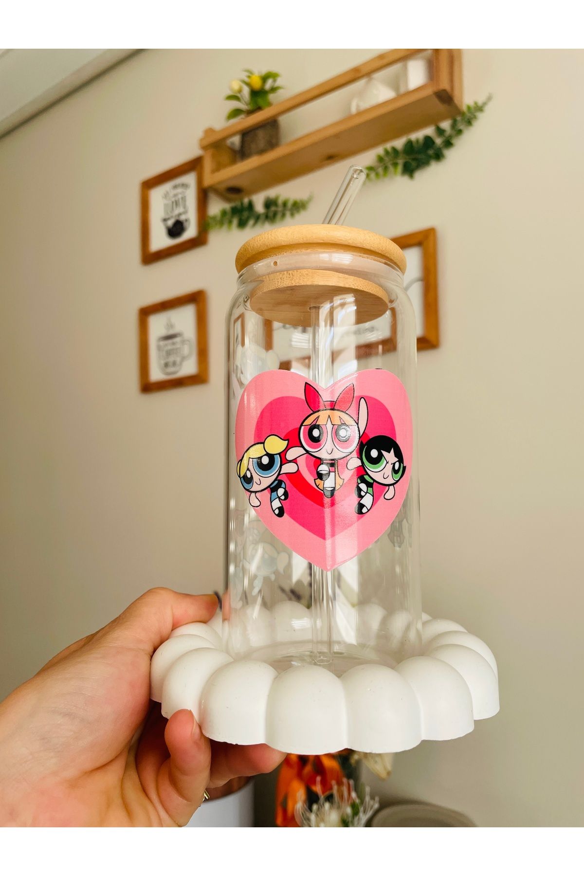 crafttatelier PİPETLİ CAM BARDAK 500 ml ETİKET BASKI SU GEÇİRMEZ POWERPUFF KIZLARI HEDİYELİK SUNUMLUK