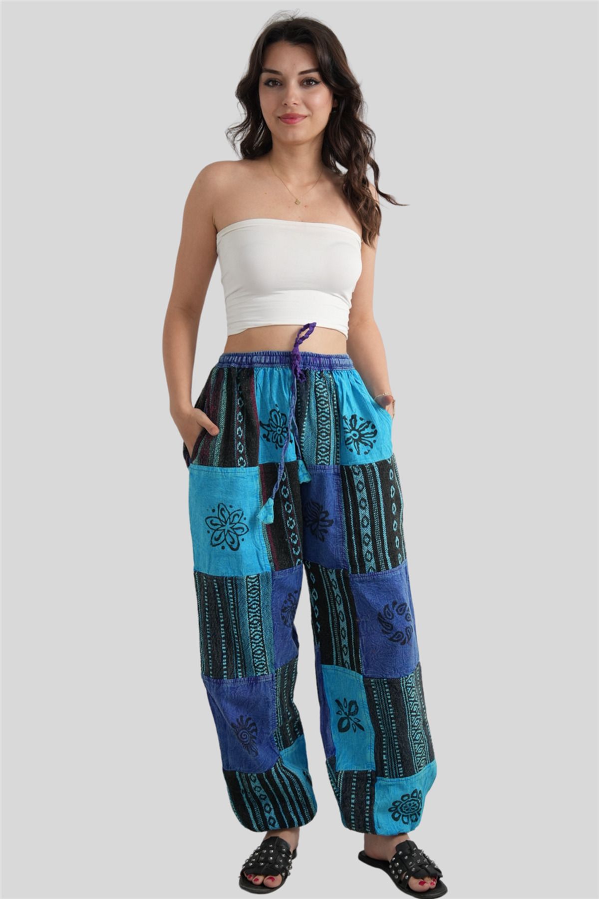 Miss Boheme Mavi Unisex Kilim İşlemeli Bohem Nepal Patchwork Pantolon