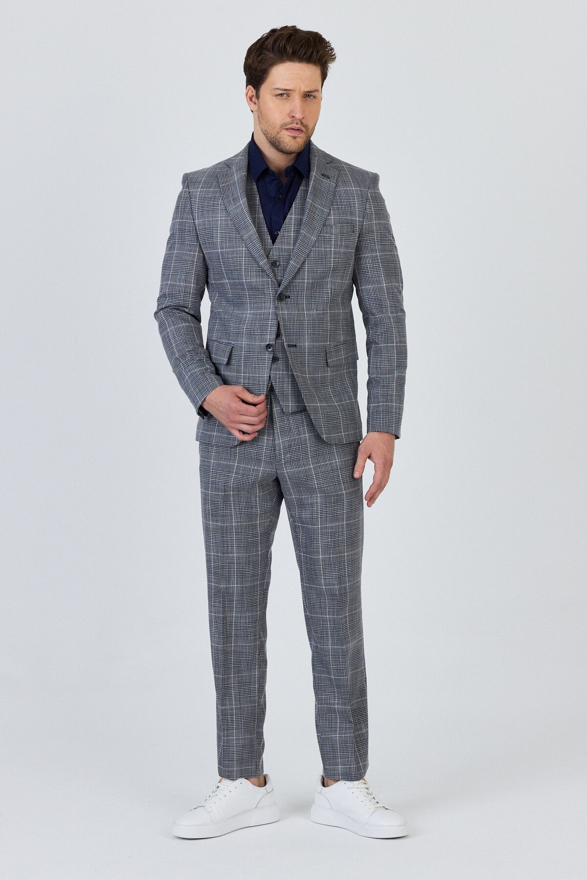 Frappoli Vincenzo Erkek Koyu Lacivert Ceket+Pantolon+Yelek Çift Yırtmaçlı Slim Fit Takim Elbise