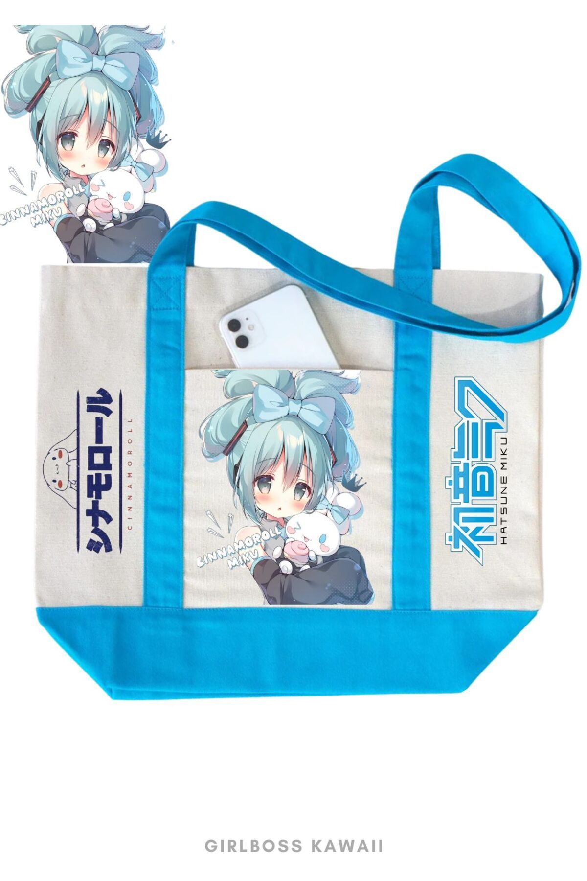 Girlboss Kawaii Girlboss Cinnamoroll & Hatsune Miku kanvas çanta ön cepli büyük boyut / alışveriş , spor , plaj