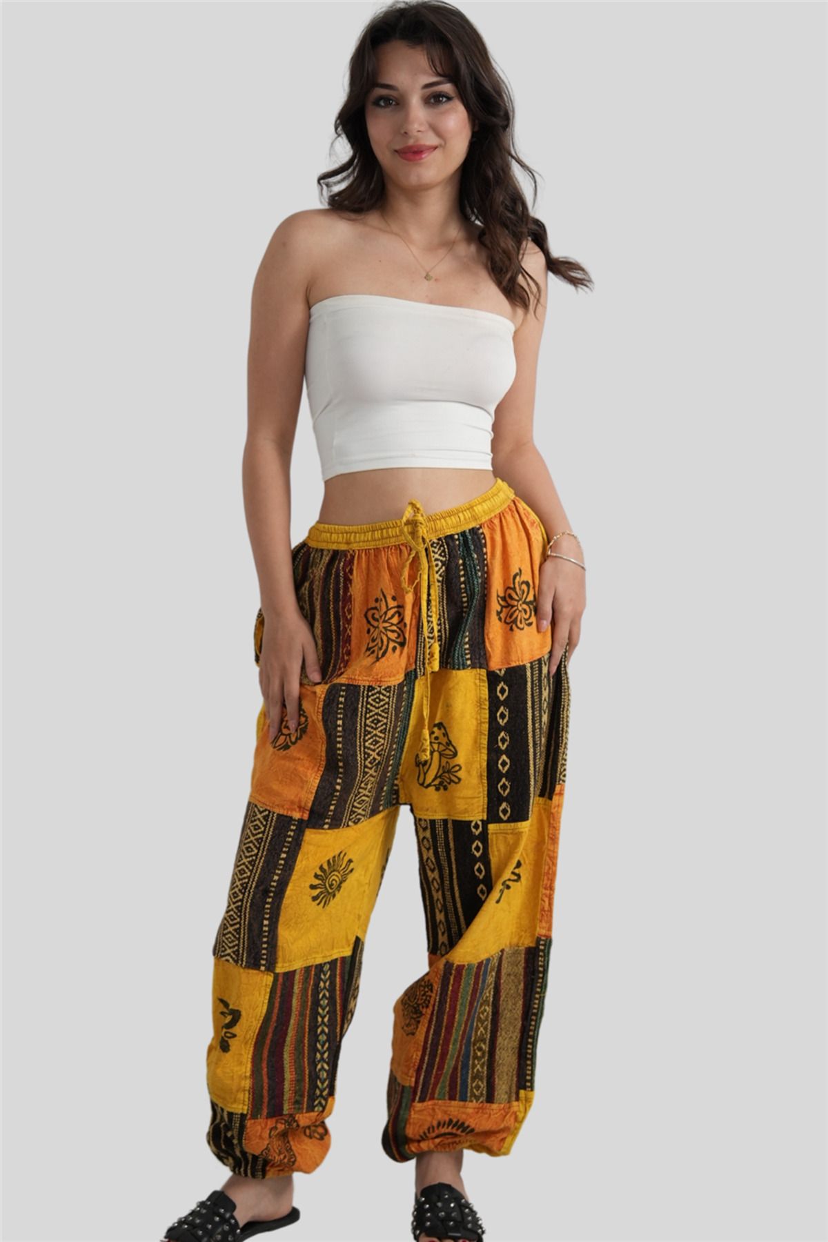 Miss Boheme Sarı Unisex Kilim İşlemeli Bohem Nepal Patchwork Pantolon