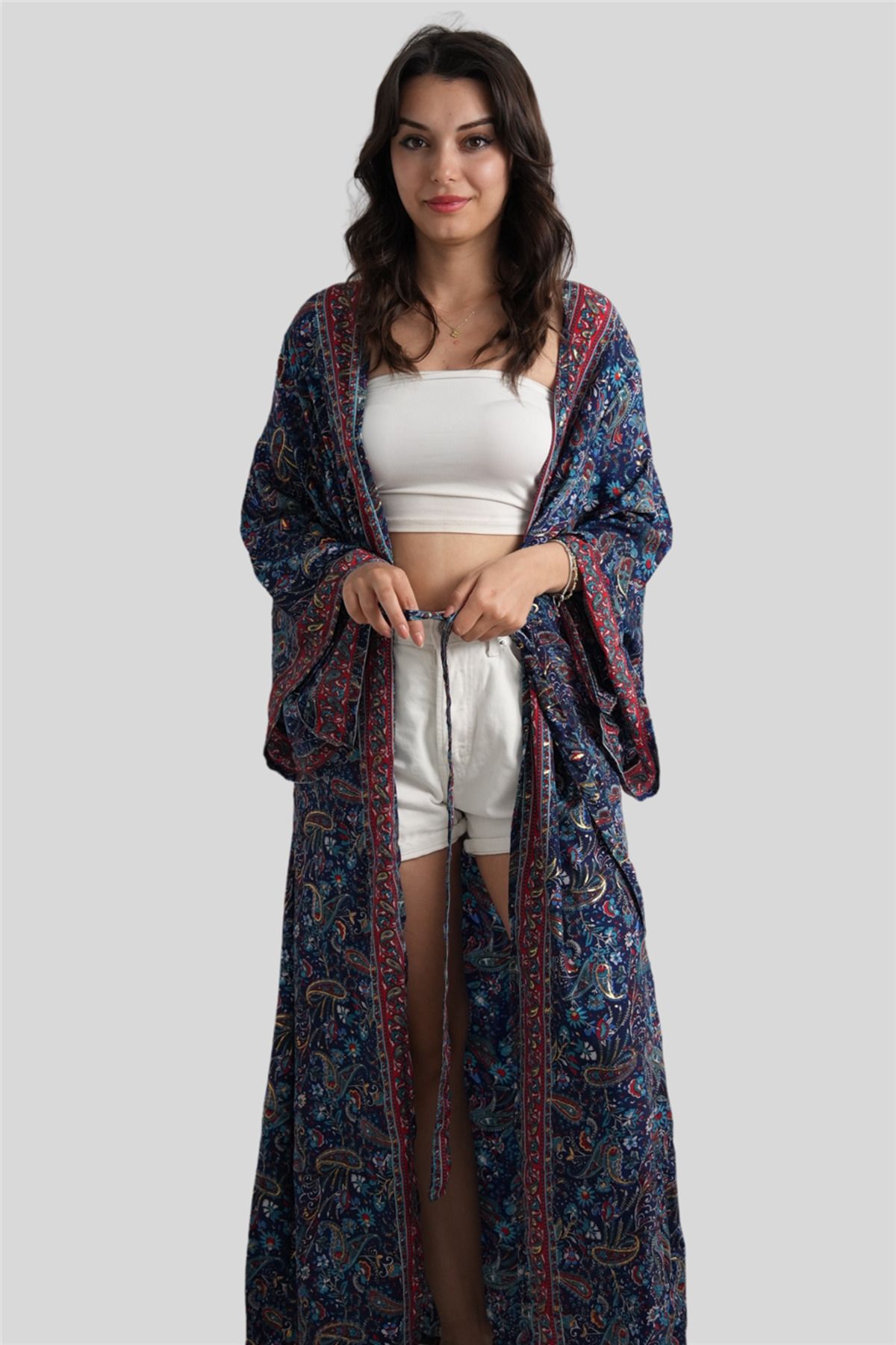 Miss Boheme Lacivert Şal Desenli İpek Kaftan