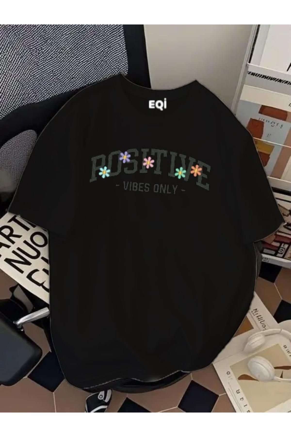 EQİ Positive Vibe Only Baskılı Oversize T-Shirt