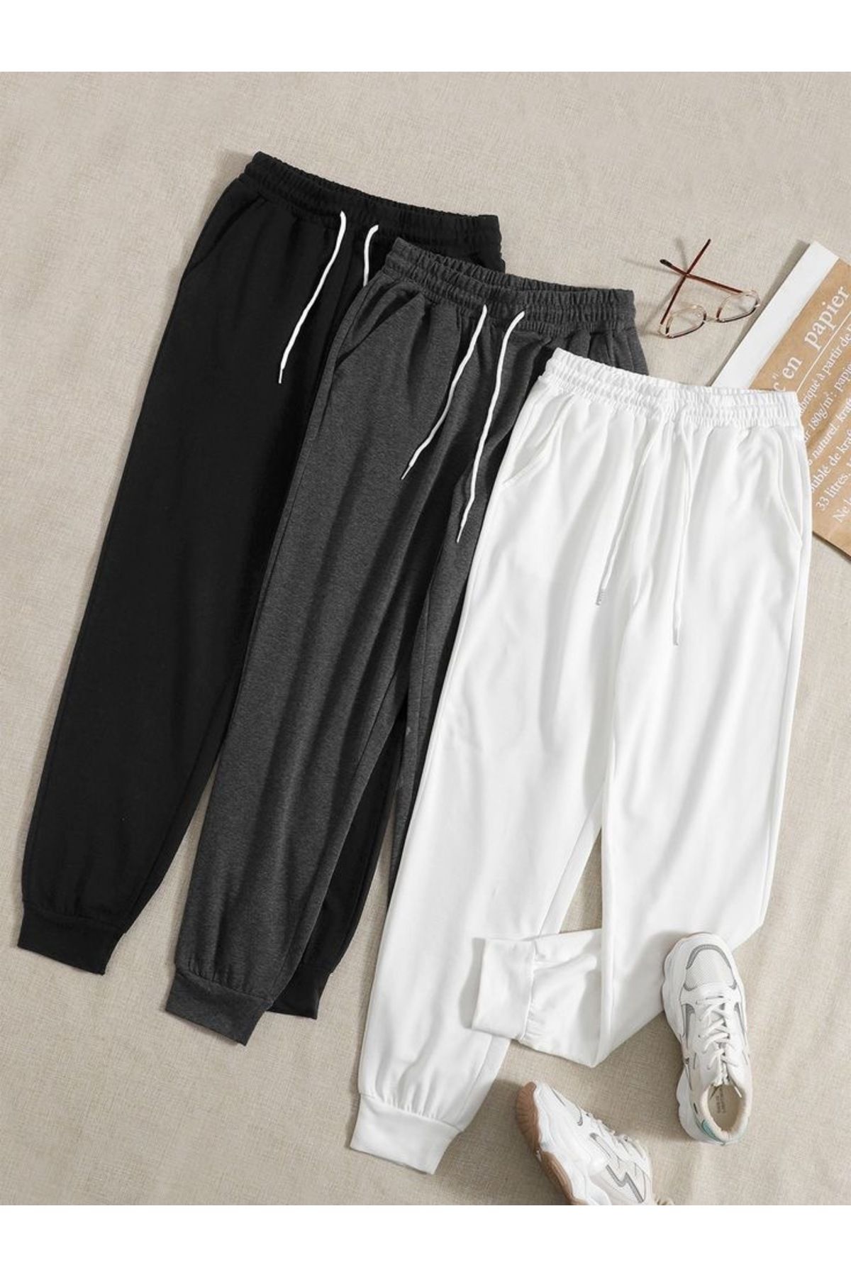 UYN SPORT 3lü Siyah-Beyaz Füme Jogger Paça Eşofman Altı