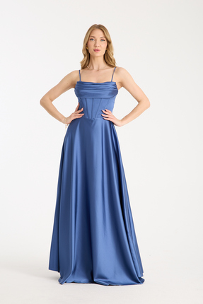 meksila kadın ip askılı balenli pile detaylı uzun kloş saten düğün davet nişa...