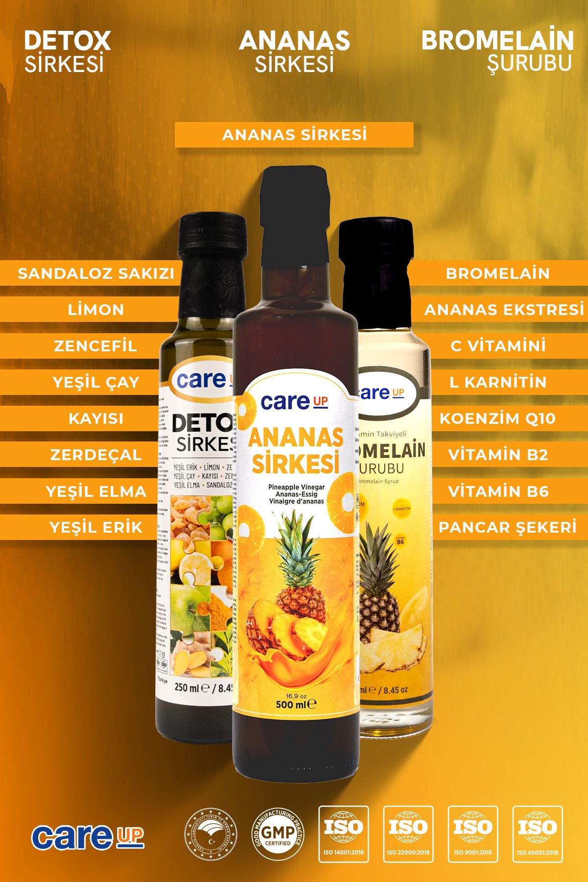 careup Detox Seti, Ananas Sirkesi 500ml, Detox Sirkesi 250ml, Bromelain Şurubu 250ml