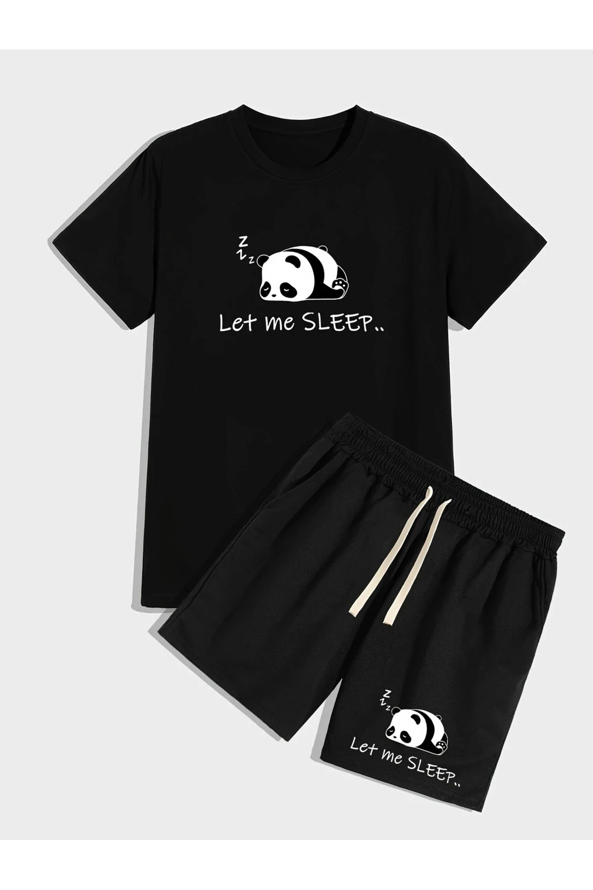 aynewmoda Erkekler "Let Me Sleep" 2 Parçalı Set: Sevimli Panda Baskılı Tişört ve Bağcıklı Şort -