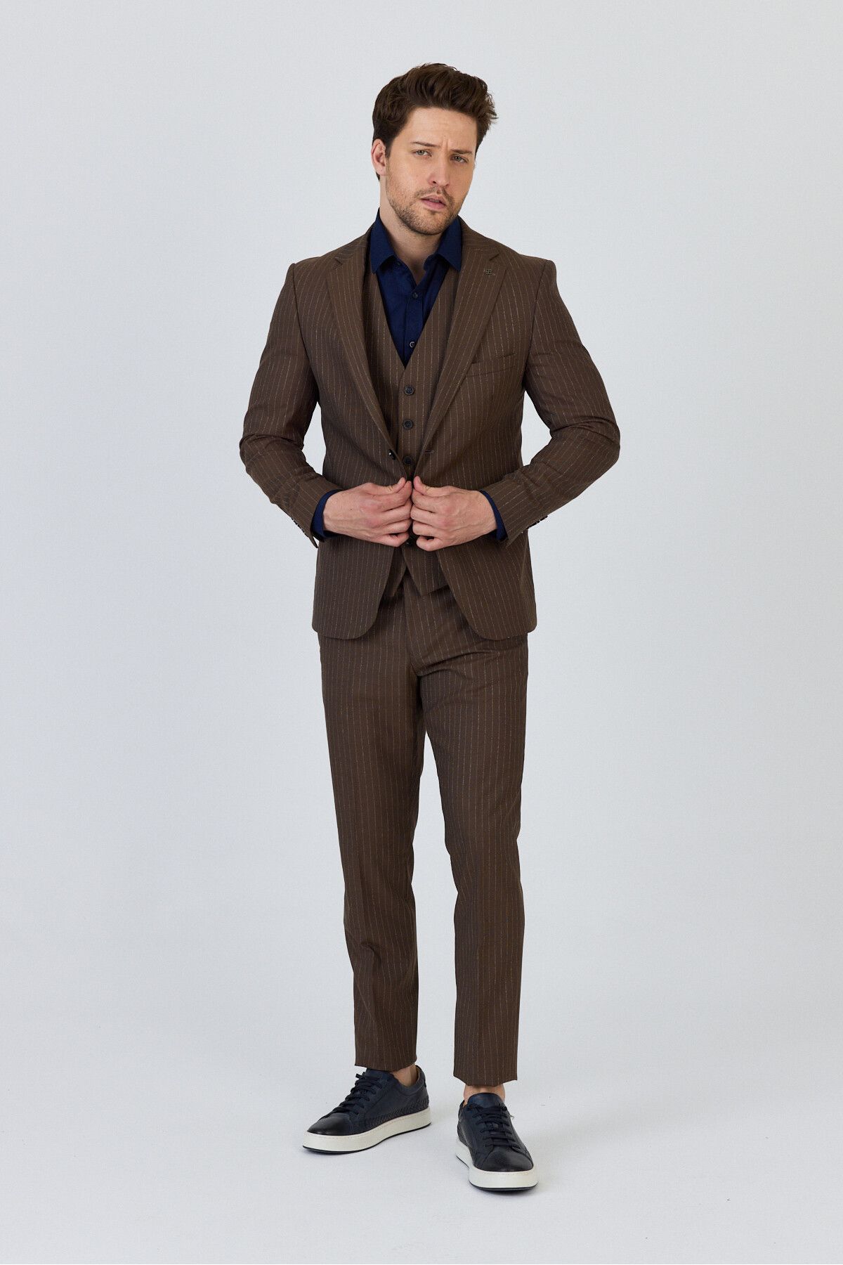 Frappoli Ateca Erkek Hardal İtalyan Çizgili Ceket+Pantolon+Yelekli Slim Fit Takim Elbise