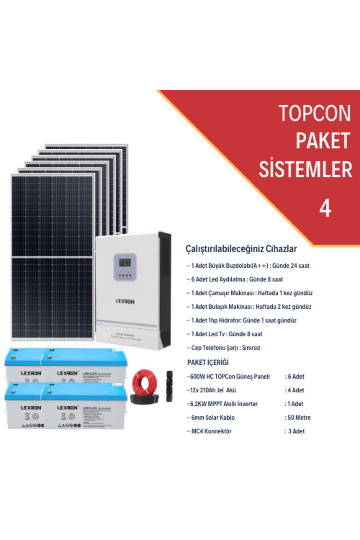 Fabri Solar Güneş Enerjisi Bağevi Hazır Solar Paket - 6.2Kw Mppt Akıllı İnverter + 6X 600W Güneş Paneli+ 4X 12V
