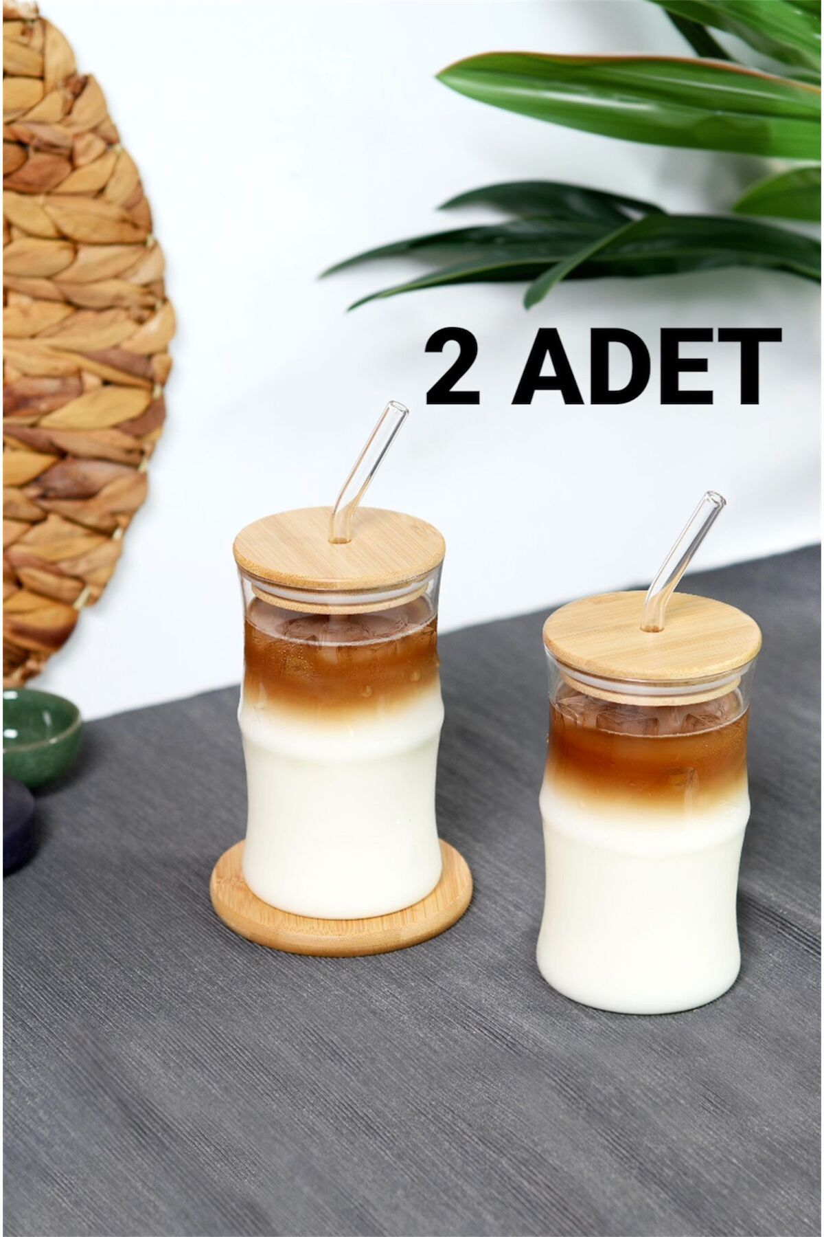 Bayev 2 Adet 330 Ml Bambu Kapaklı Cam Pipetli Pinterest Bardak - Borosilikat Kahve Sunum Bardağı 401307