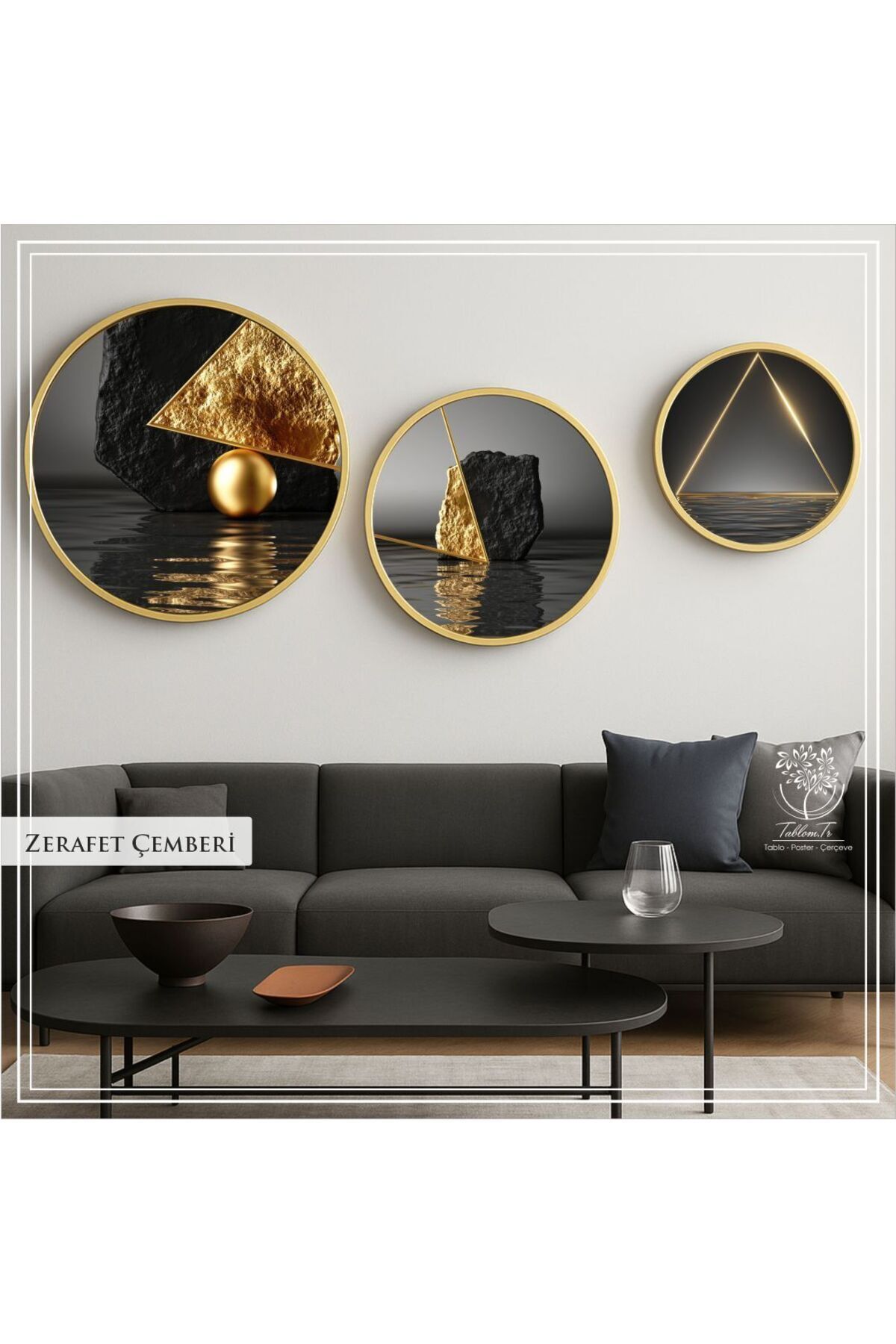 Tablomtr Dijital Baskılı Metal Çerçeveli Gercek Camlı 3'lü Tablo - Zerafet Çemberi 40-50-60 Cm