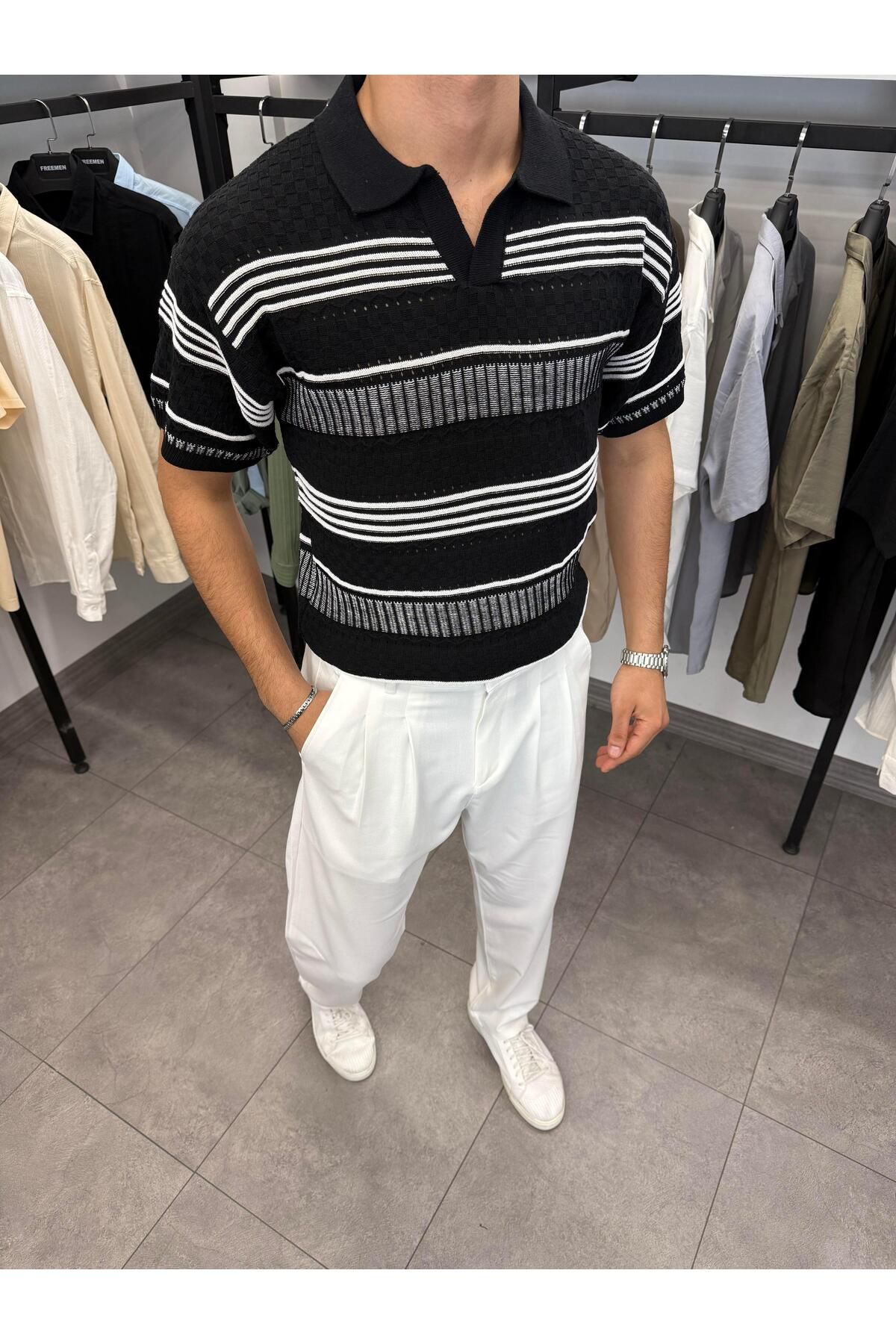 Butik Apaç Yaka Etnik Desen Delikli Triko Siyah