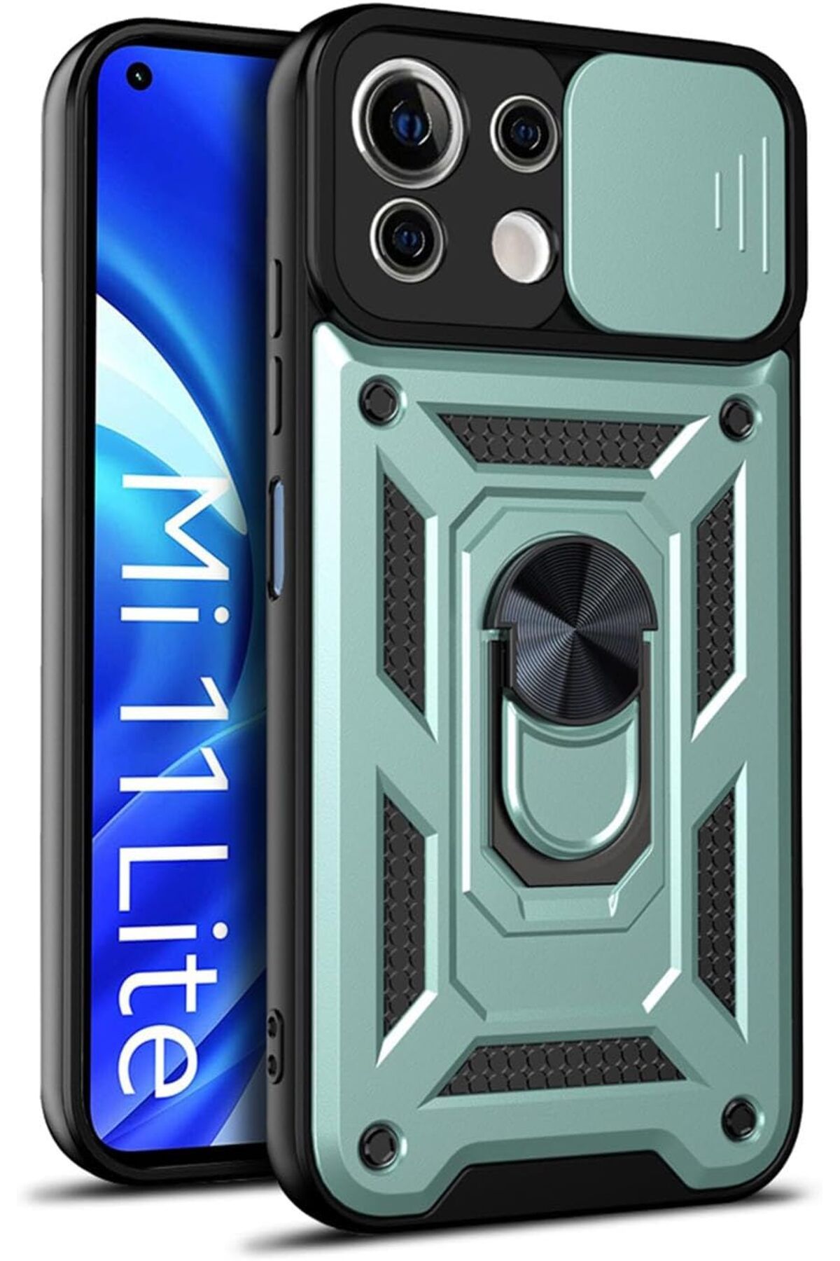 Rivor Xiaomi Mİ 11 Lite Uyumlu Kılıf Kamera Sürgülü Standlı Yüzüklü Darbe Emici Zırh Koruyucu Tank Kapak