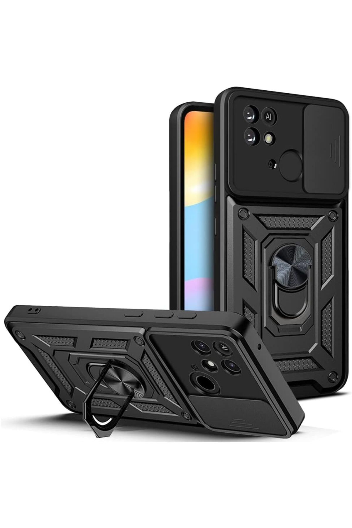 Rivor Xiaomi Redmi 10C & Poco C40 Kılıf Kamera Sürgülü Standlı Yüzüklü Darbe Emici Koruyucu Tank Kapak