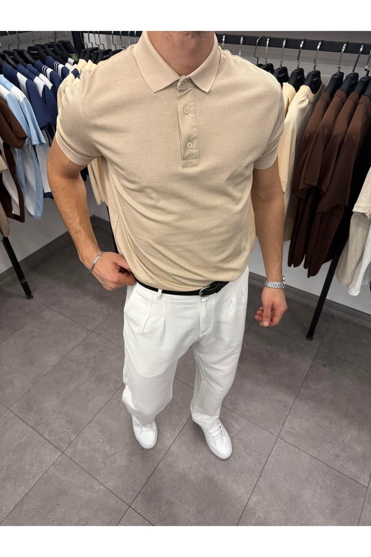 Butik Mericerize Kumaş Ribanalı Yüksek Kalite Polo Yaka Tişört Krem
