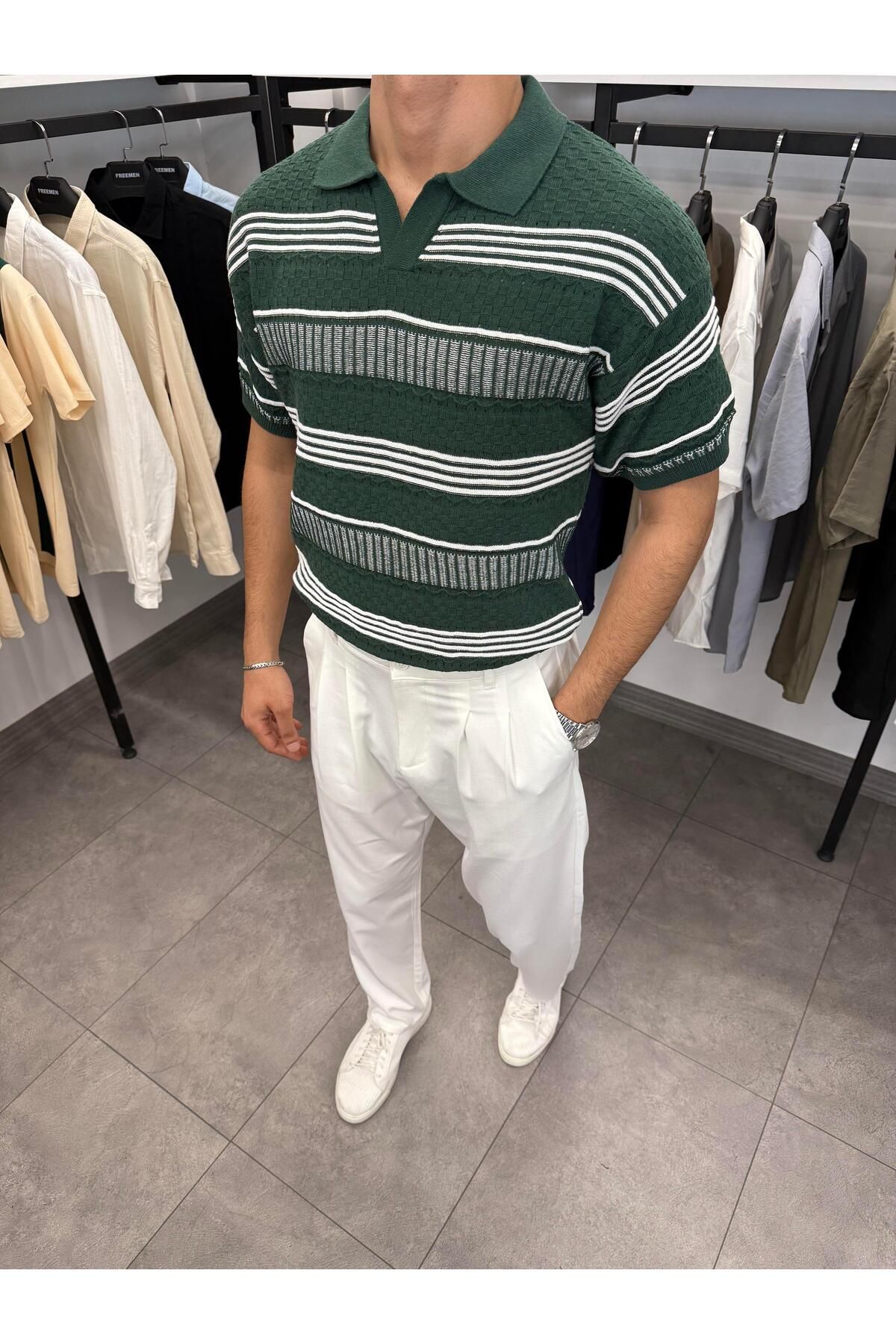 Butik Apaç Yaka Etnik Desen Delikli Triko Yeşil