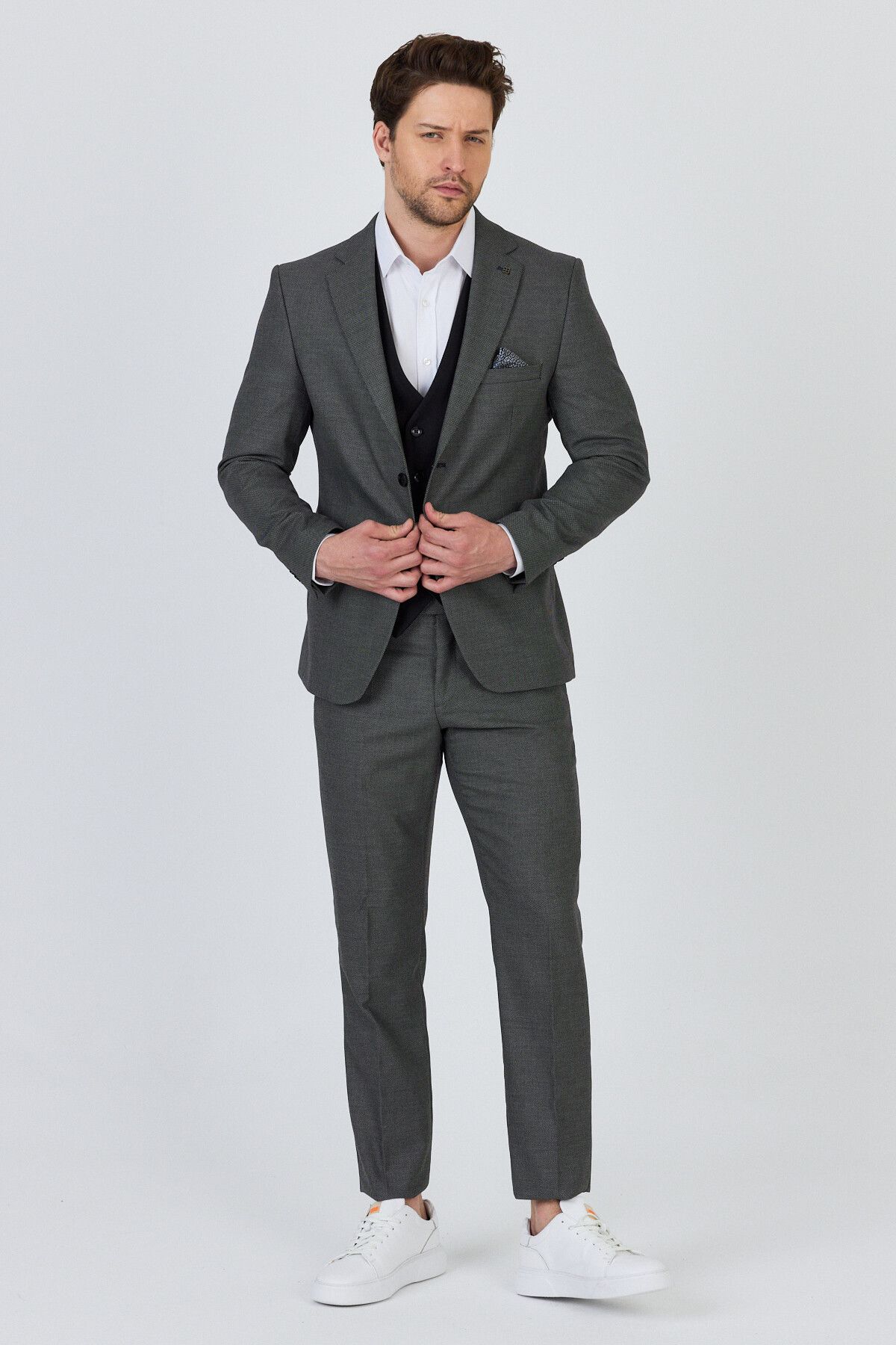 Frappoli Vitale Erkek Koyu Gri Polyester Kumaşlı Ceket+Pantolon+Yelekli Slim Fit Takim Elbise
