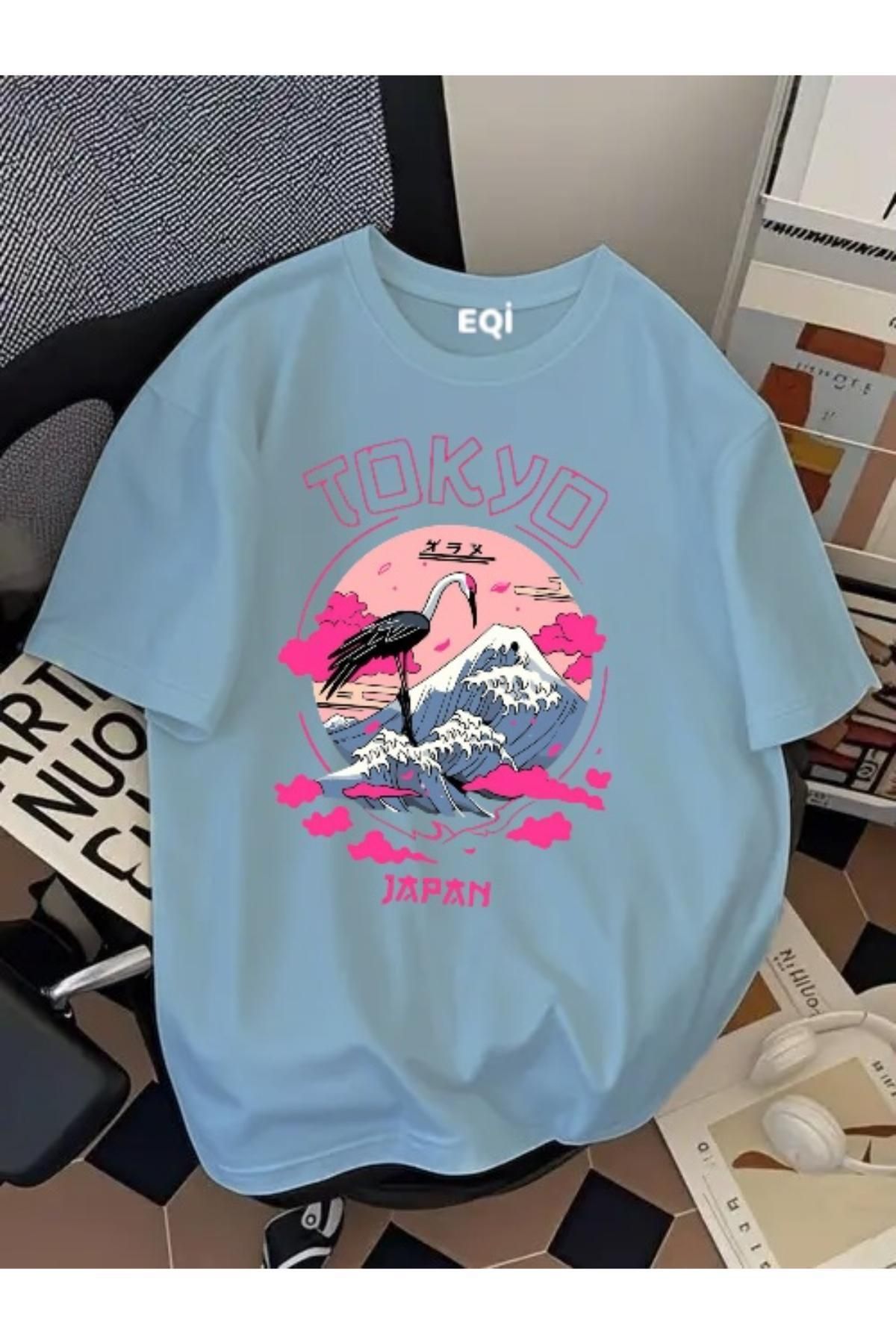 EQİ Tokyo Japon Kuş Baskılı Oversize T-Shirt