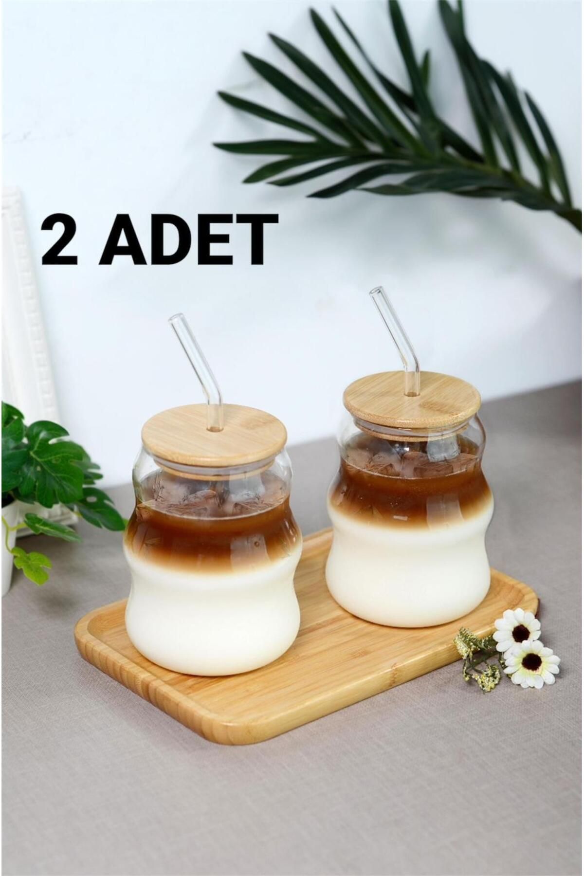 Bayev 2 Adet 450 Ml Bambu Kapaklı Cam Pipetli Pinterest Bardak - Borosilikat Kahve Sunum Bardağı 401305