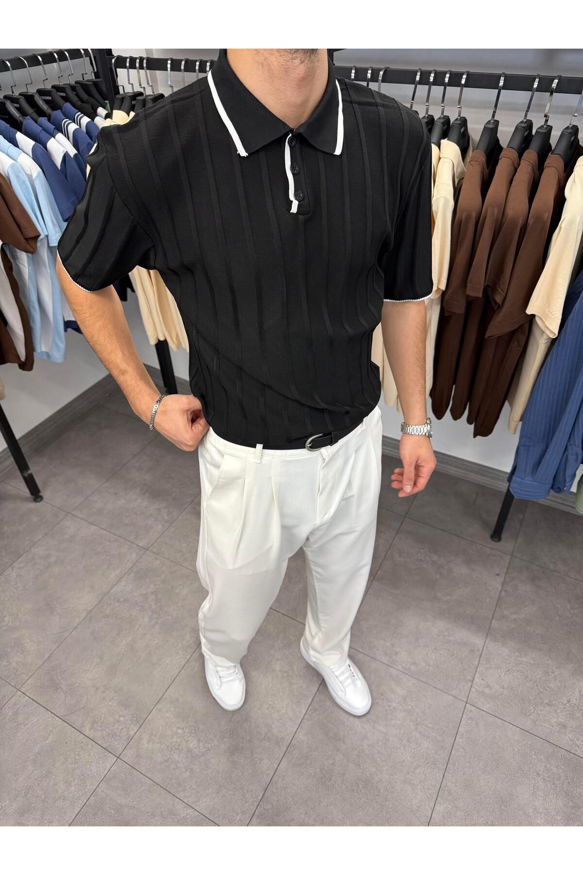 Butik Fitilli Likralı Polo Yaka Triko Siyah