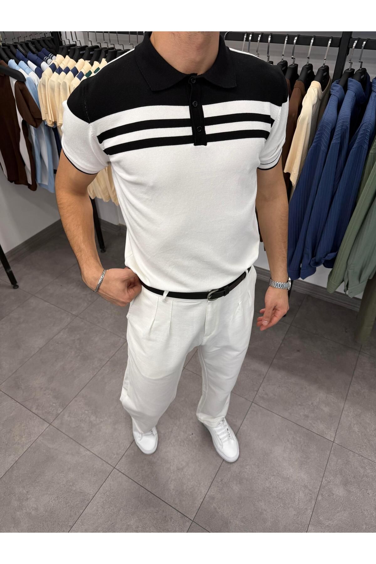 Butik Klasik Polo Yaka Pamuklu Triko Beyaz-Siyah