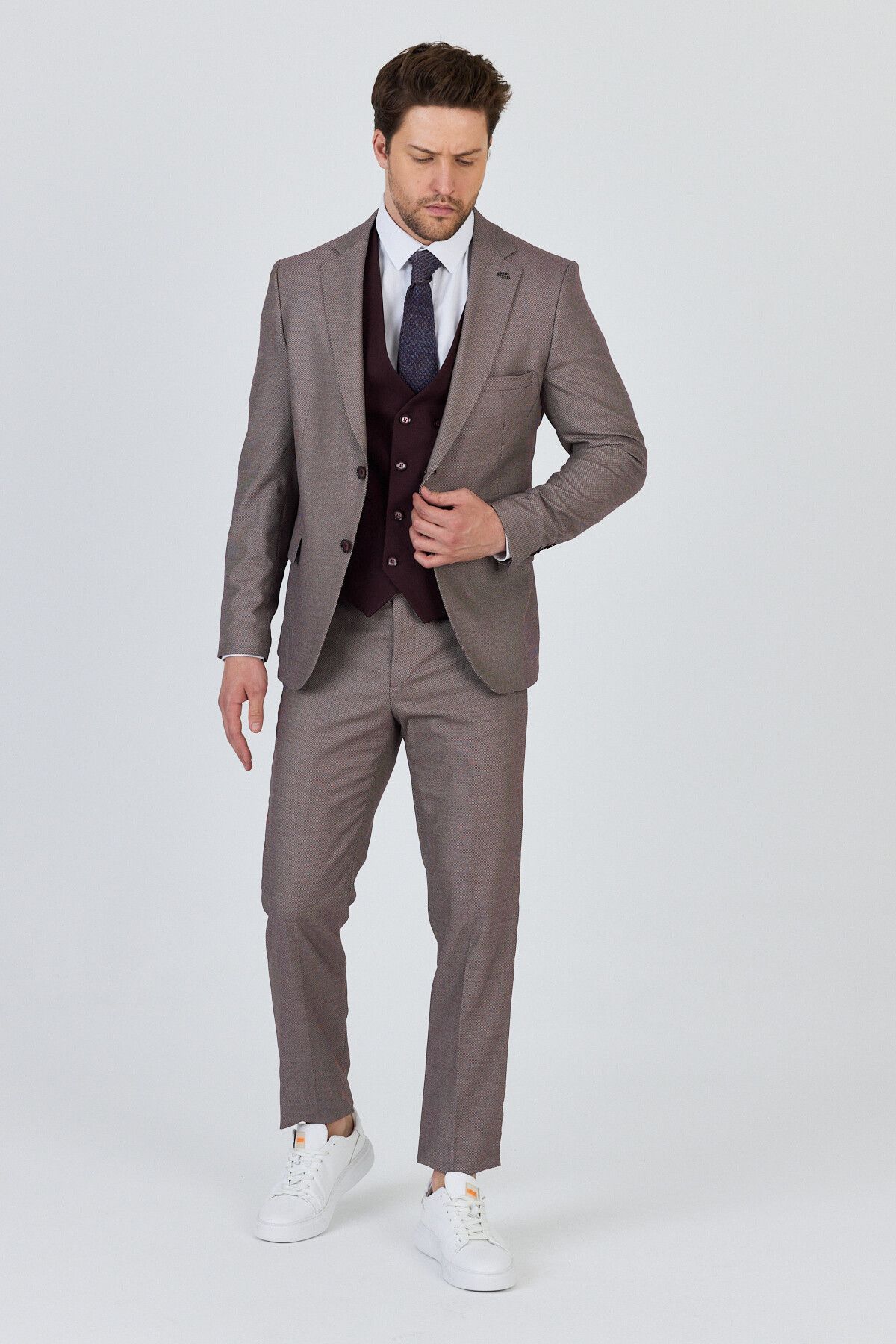 Frappoli Vitale Erkek Bordo-Gri Polyester Kumaşlı Ceket+Pantolon+Yelekli Slim Fit Takim Elbise