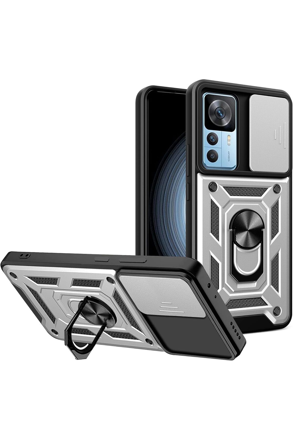 Rivor Xiaomi Mi 12T & Mi 12T Pro Kılıf Kamera Sürgülü Standlı Yüzüklü Darbe Emici Zırh Koruyucu Tank Kapak