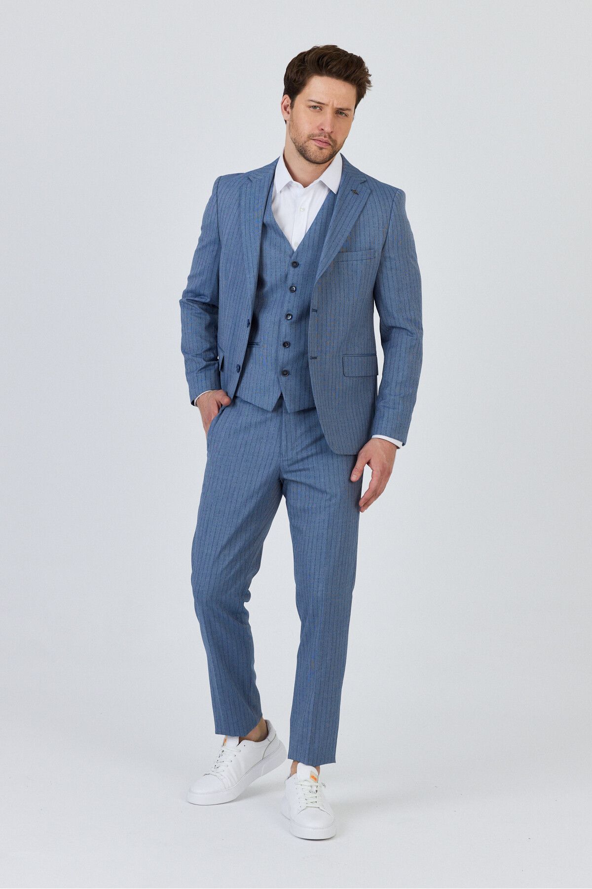 Frappoli Ateca Erkek Koyu Mavi İtalyan Çizgili Ceket+Pantolon+Yelekli Slim Fit Takim Elbise