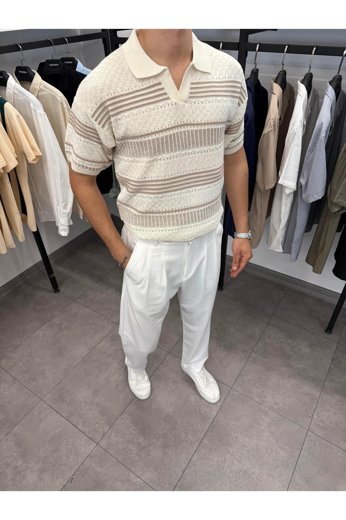 Butik Apaç Yaka Etnik Desen Delikli Triko Bej