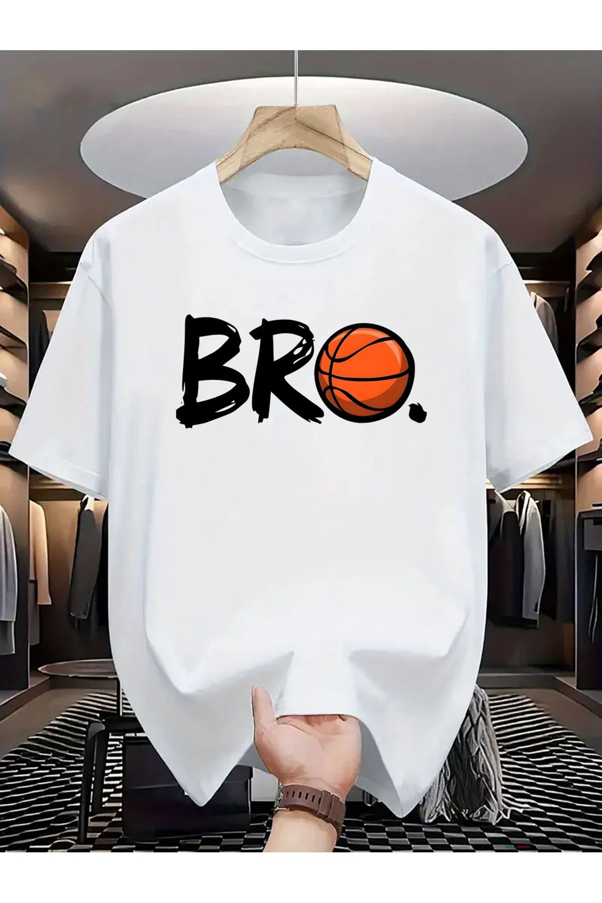 aynewmoda Günlük yazlık tişört, normal kesim, yuvarlak yaka, kısa kollu, "BRO" harfli baskı tasarımı,