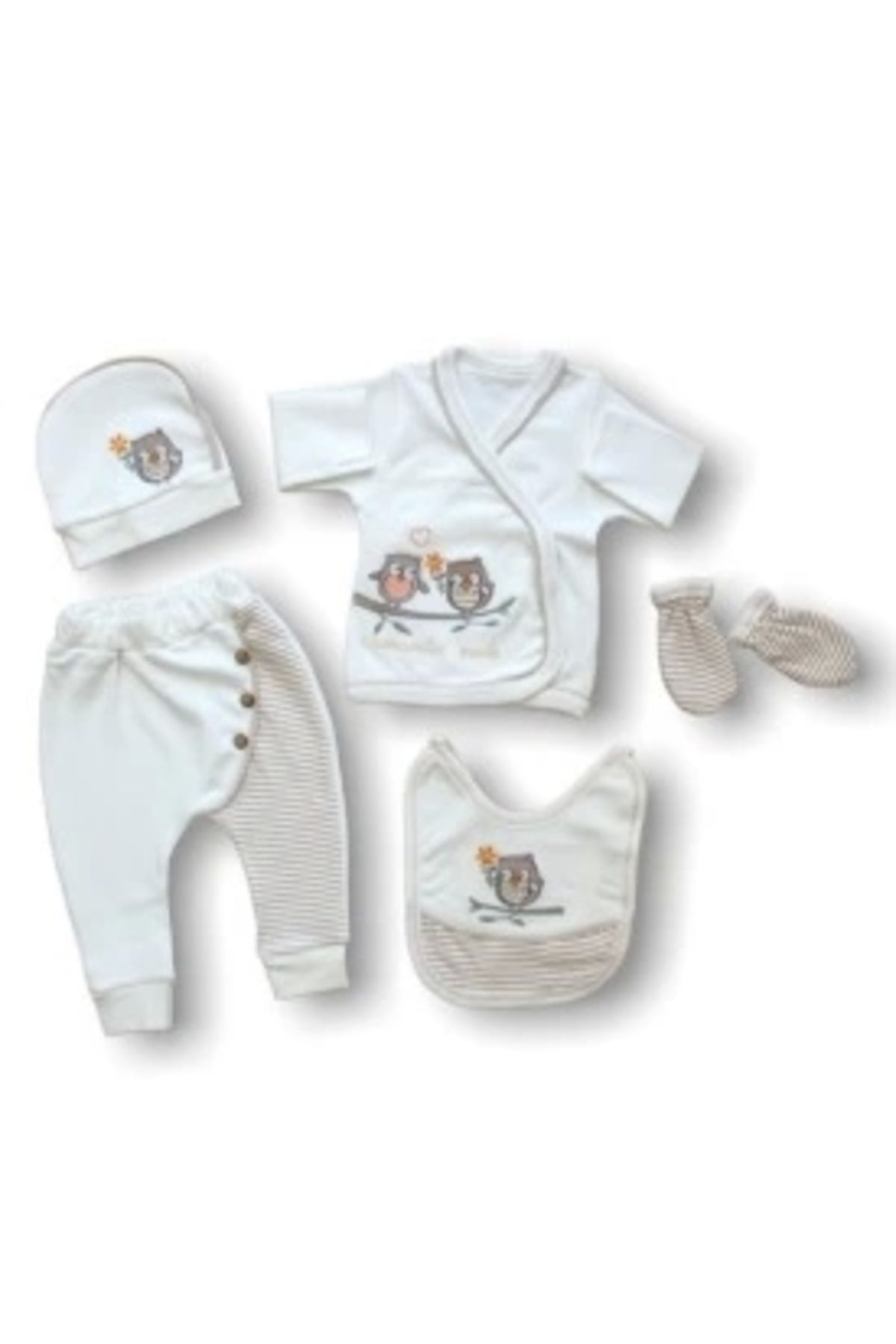 Diji Baby Romantik Çift Baykuş Nakışlı %100 Cotton Antibakteriyel 5li Zıbın Takımı Hastane Çıkışı
