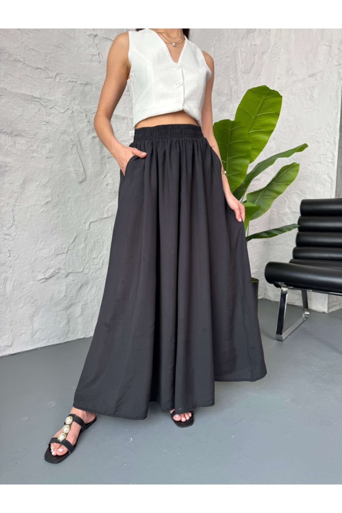 Elif Özbey Butik Siyah Beli Lastikli Uzun Etek