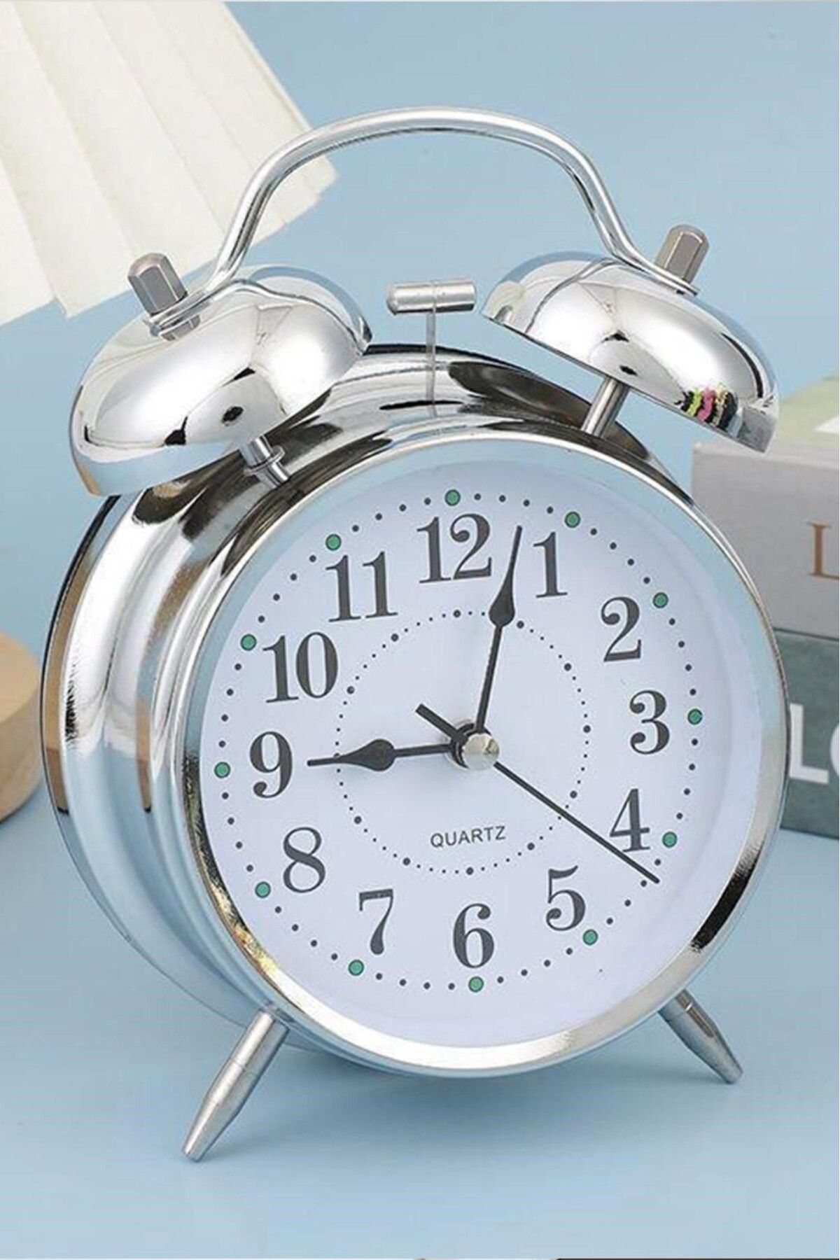 Clock Nostaljik Büyük Boy Işıklı Gümüş Masa Saati - Metal Çalar Saat