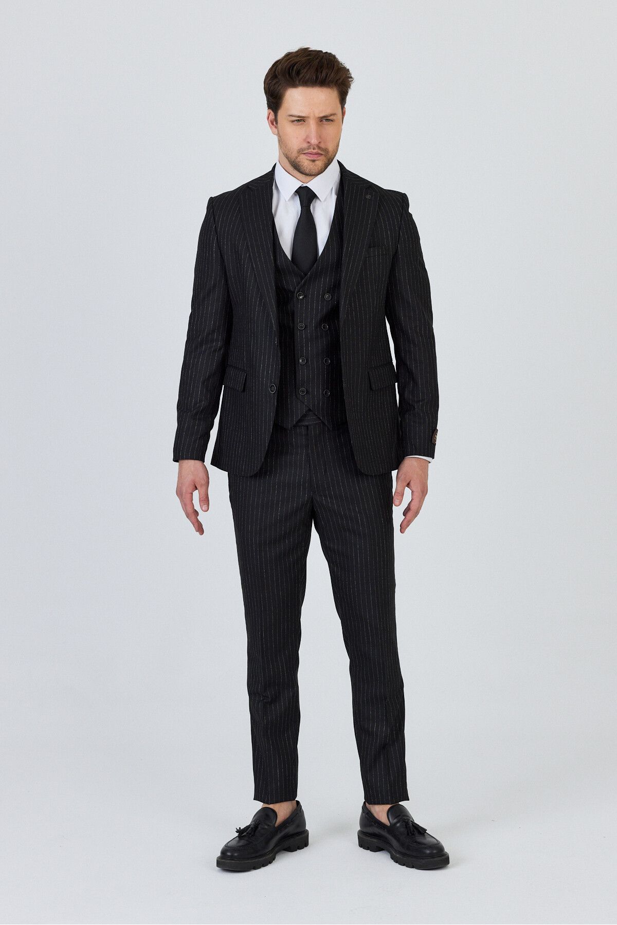 Frappoli Ateca Erkek Kömür Siyahı İtalyan Çizgili Ceket+Pantolon+Yelekli Slim Fit Takim Elbise