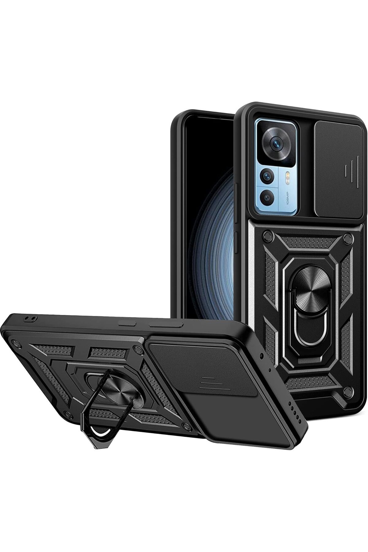Rivor Xiaomi Mi 12T & Mi 12T Pro Kılıf Kamera Sürgülü Standlı Yüzüklü Darbe Emici Zırh Koruyucu Tank Kapak