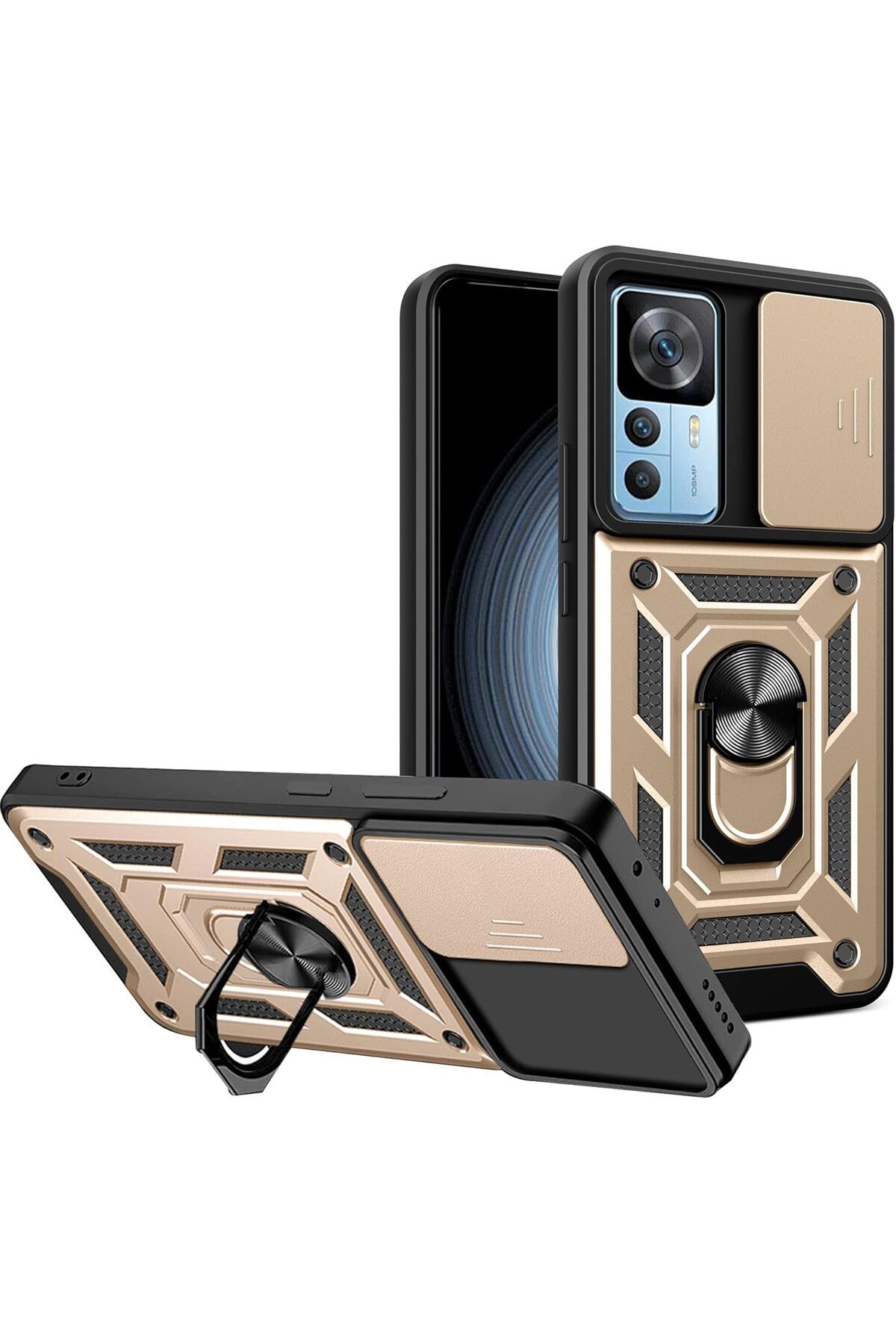 Rivor Xiaomi Mi 12T & Mi 12T Pro Kılıf Kamera Sürgülü Standlı Yüzüklü Darbe Emici Zırh Koruyucu Tank Kapak