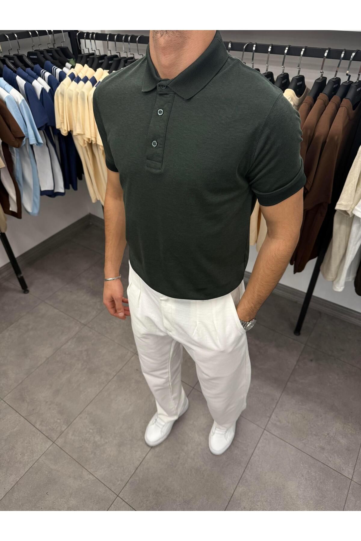 Butik Mericerize Kumaş Ribanalı Yüksek Kalite Polo Yaka Tişört Yeşil
